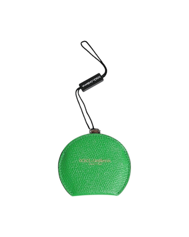 Dolce & Gabbana Green Leather Calfskin Round Logo Hand Mirror Holder Face Mirrors