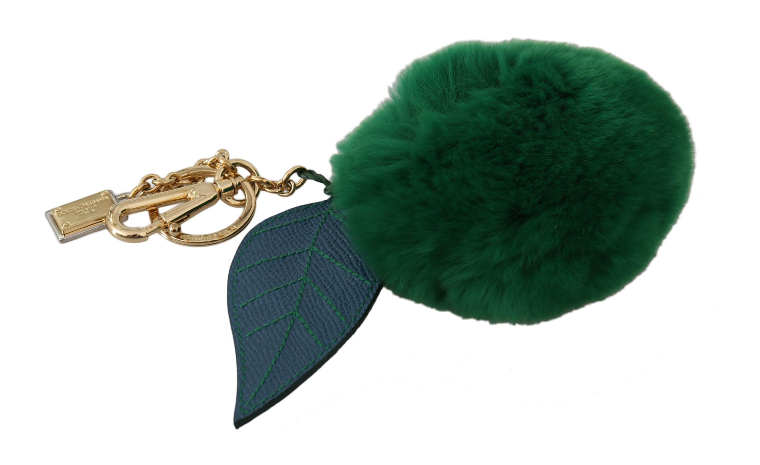 Dolce & Gabbana Green Leather Fur Gold Clasp Keyring Women Keychain Glam Steals