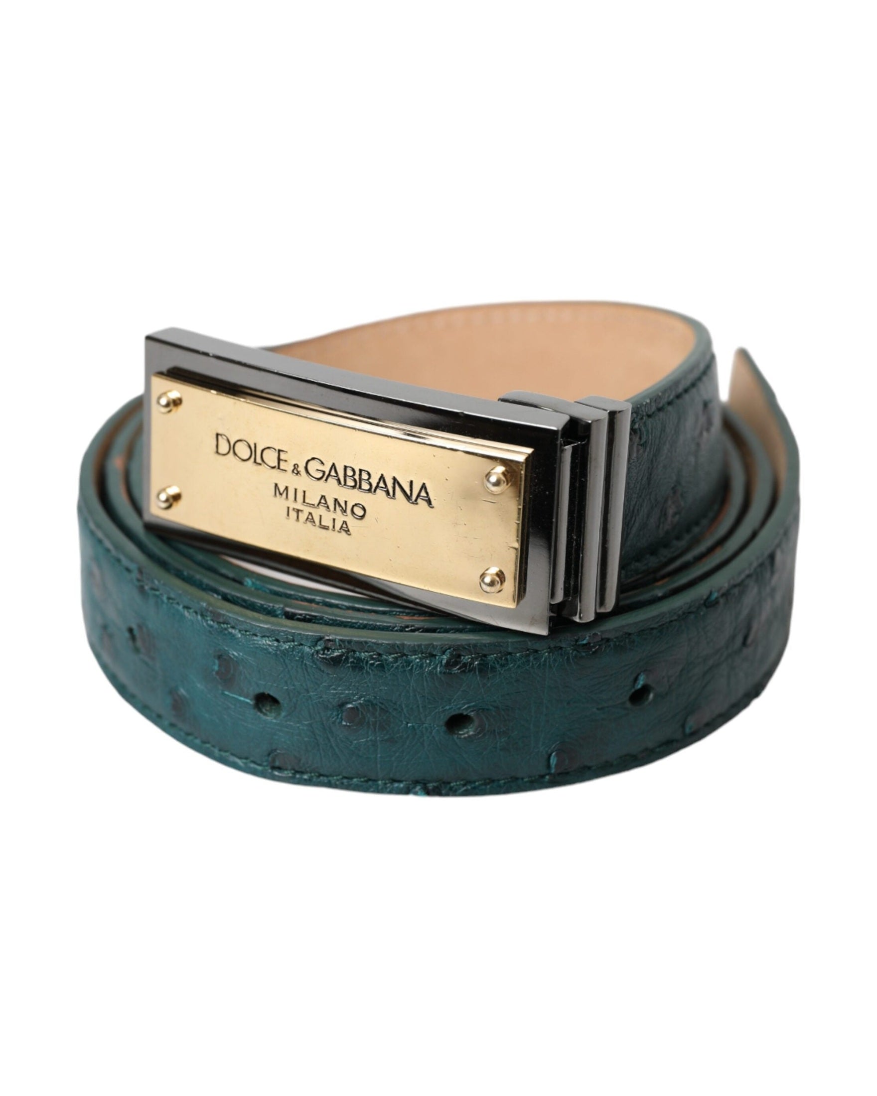 Dolce & Gabbana Green Leather Gold Logo Engraved Buckle Belt Belts