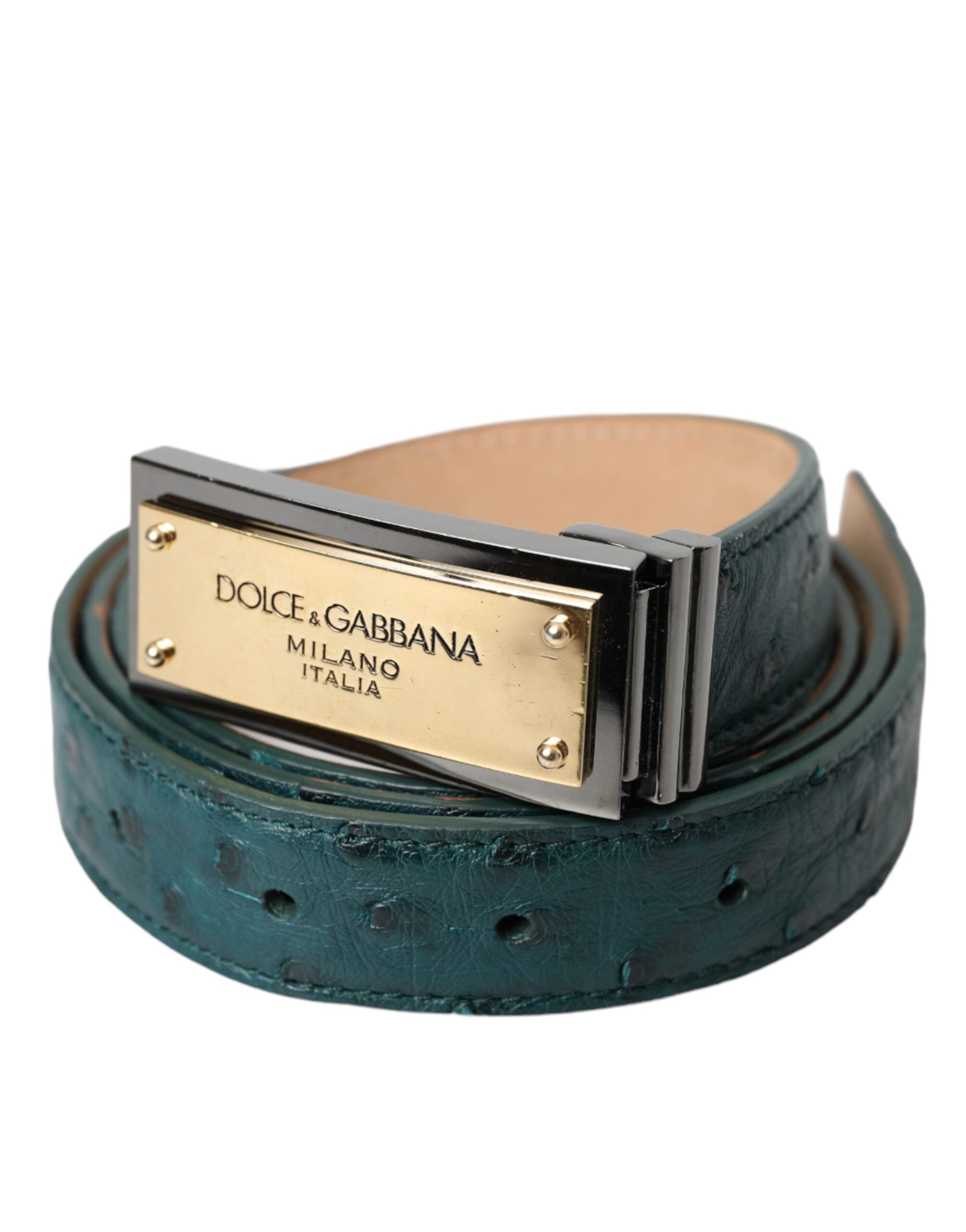 Dolce & Gabbana Green Leather Gold Logo Engraved Buckle Belt Glam Steals