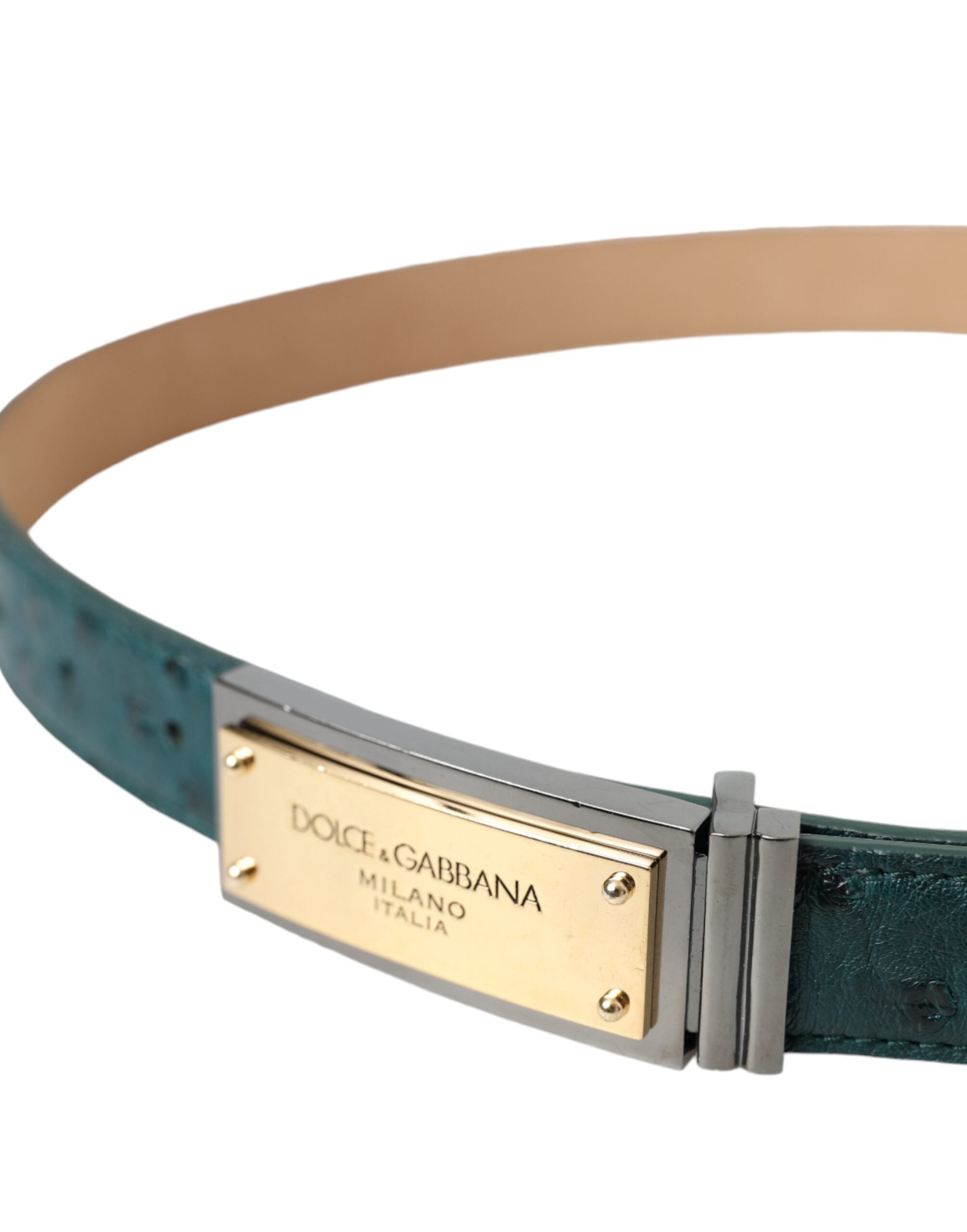 Dolce & Gabbana Green Leather Gold Logo Engraved Buckle Belt Glam Steals