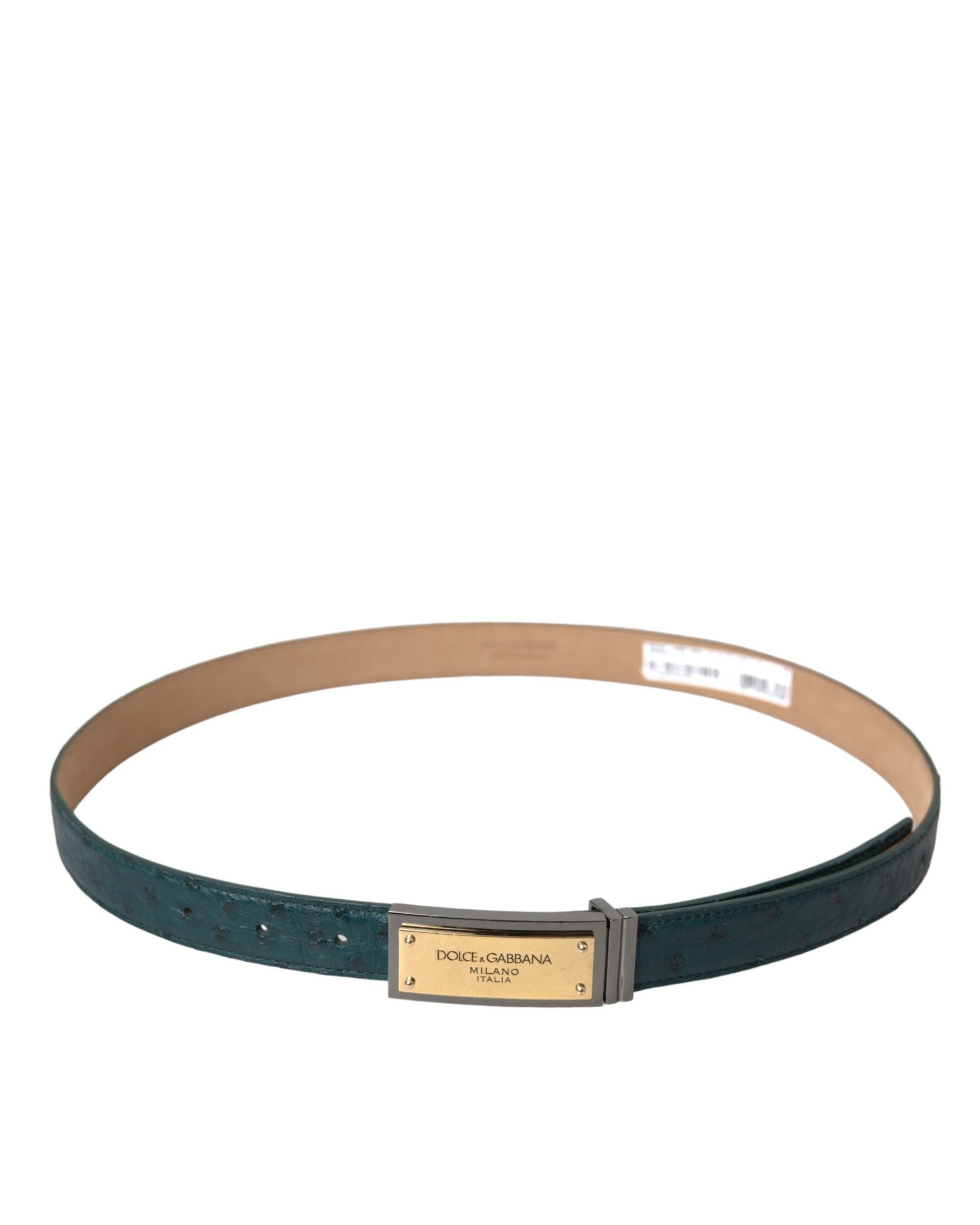 Dolce & Gabbana Green Leather Gold Logo Engraved Buckle Belt Belts