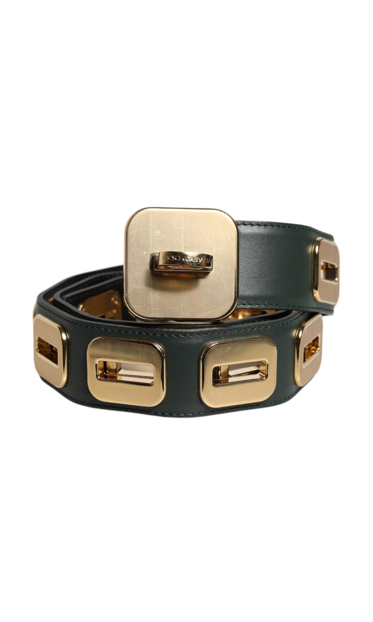 Dolce & Gabbana Green Leather Gold Tone Rotating Buckle Belt Glam Steals