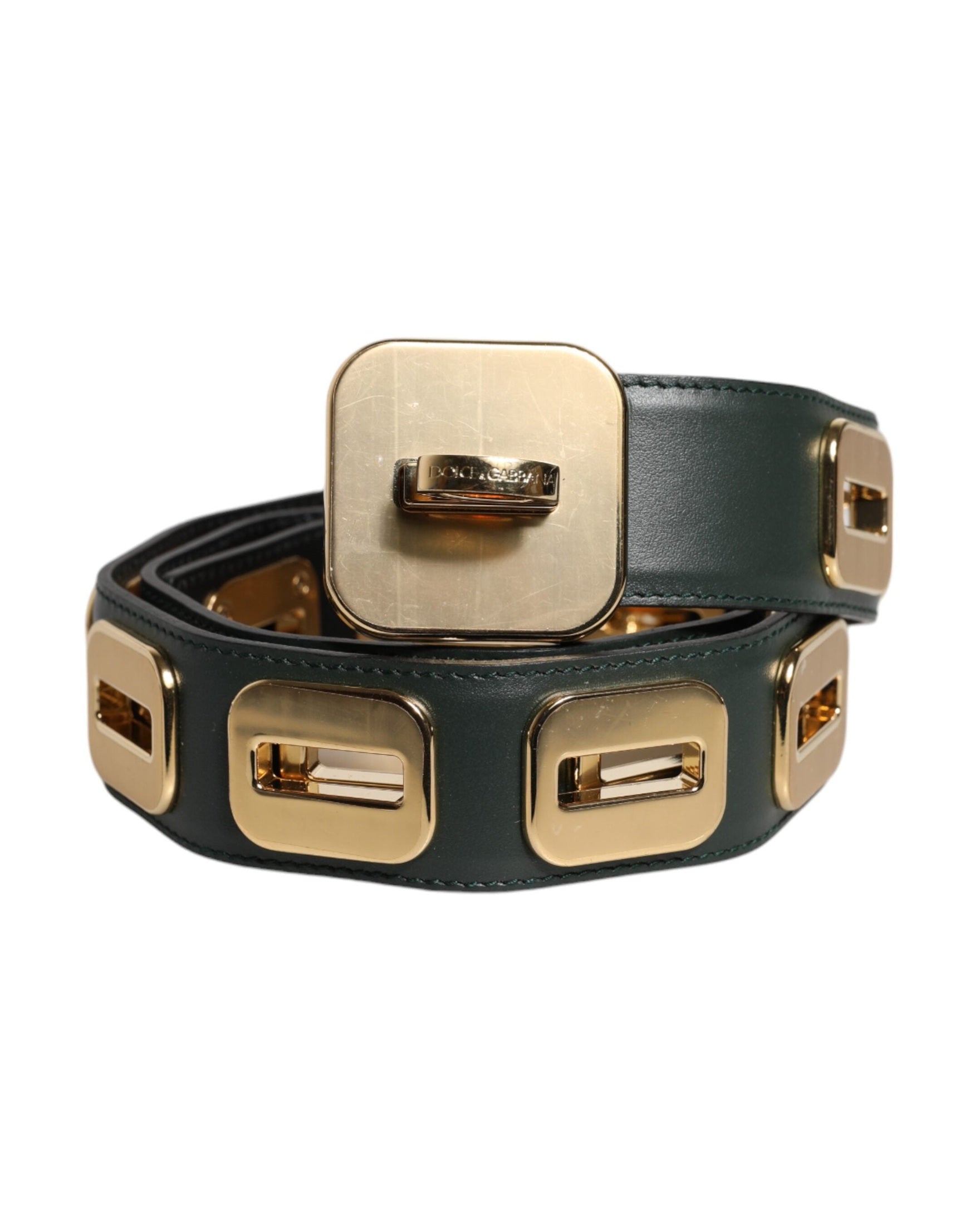 Dolce & Gabbana Green Leather Gold Tone Rotating Buckle Belt Glam Steals