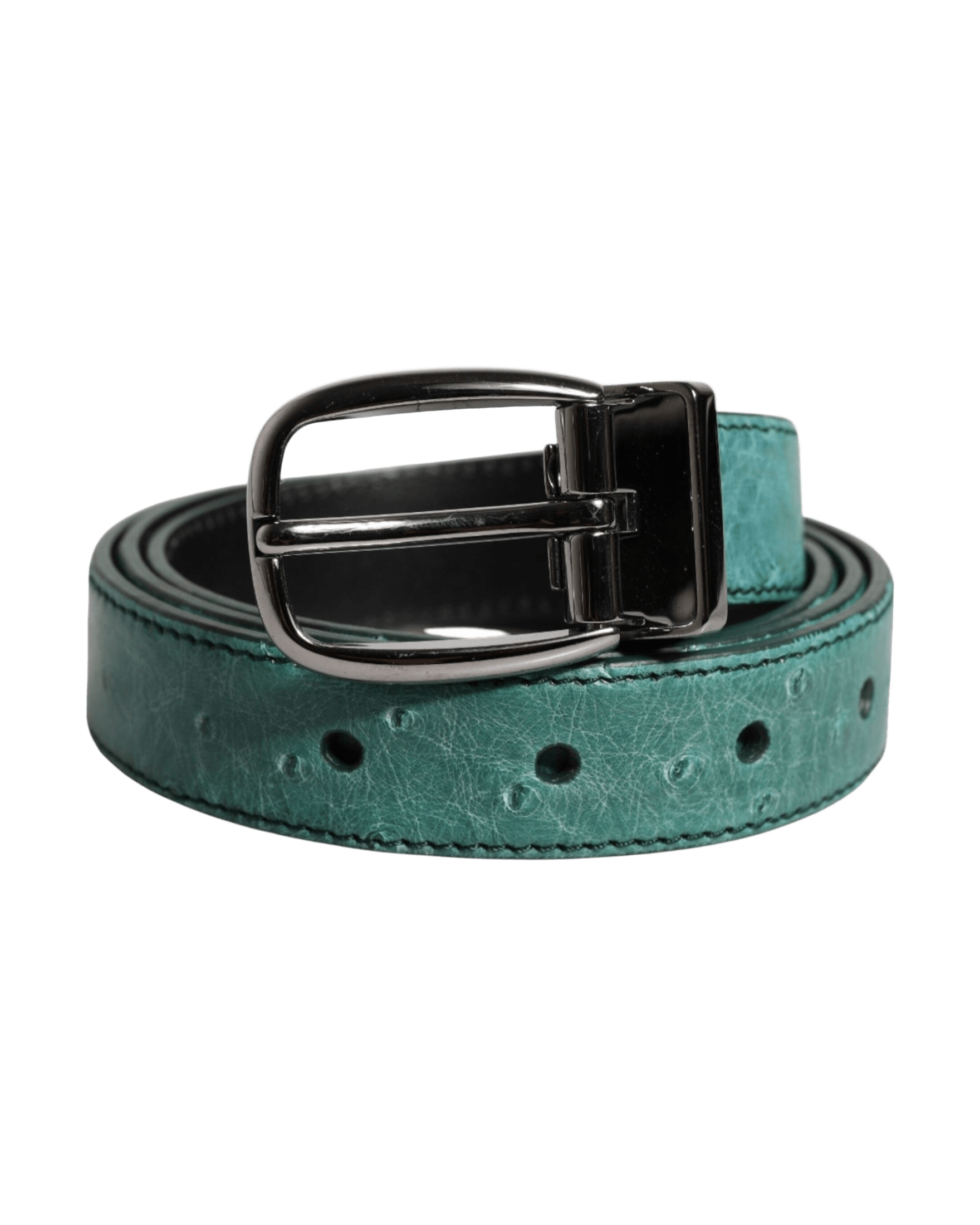 Dolce & Gabbana Green Leather Ostrich Silver Metal Buckle Belt Glam Steals