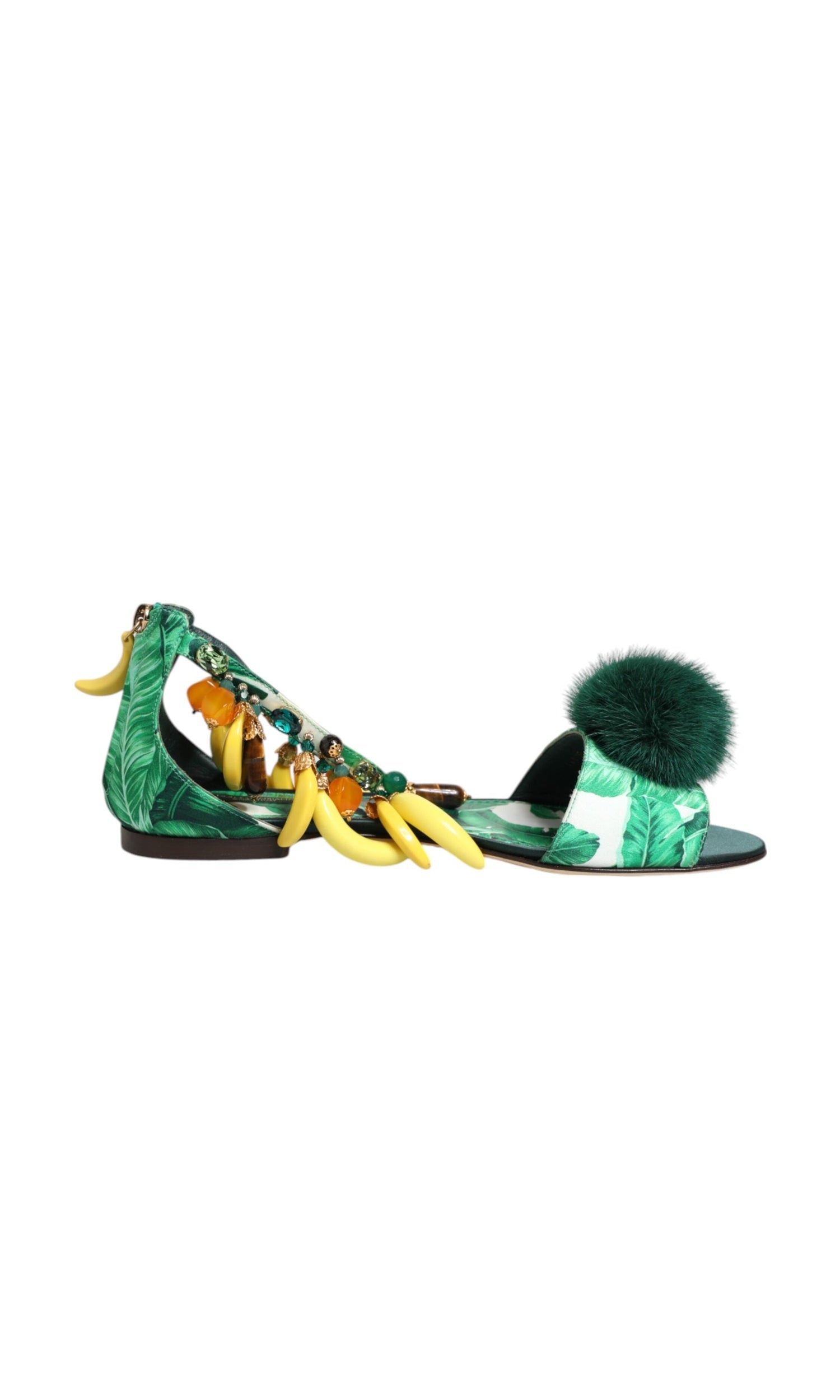 Dolce & Gabbana Green Satin Mink Fur Banana Leaf Sandals Shoes Glam Steals