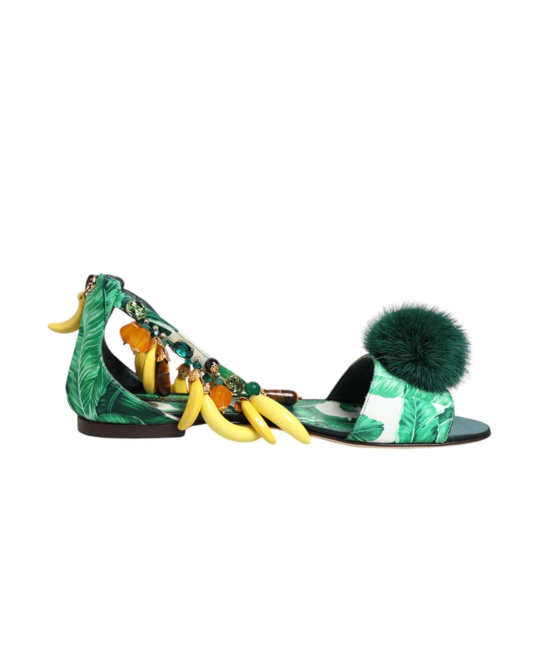 Dolce & Gabbana Green Satin Mink Fur Banana Leaf Sandals Shoes Glam Steals