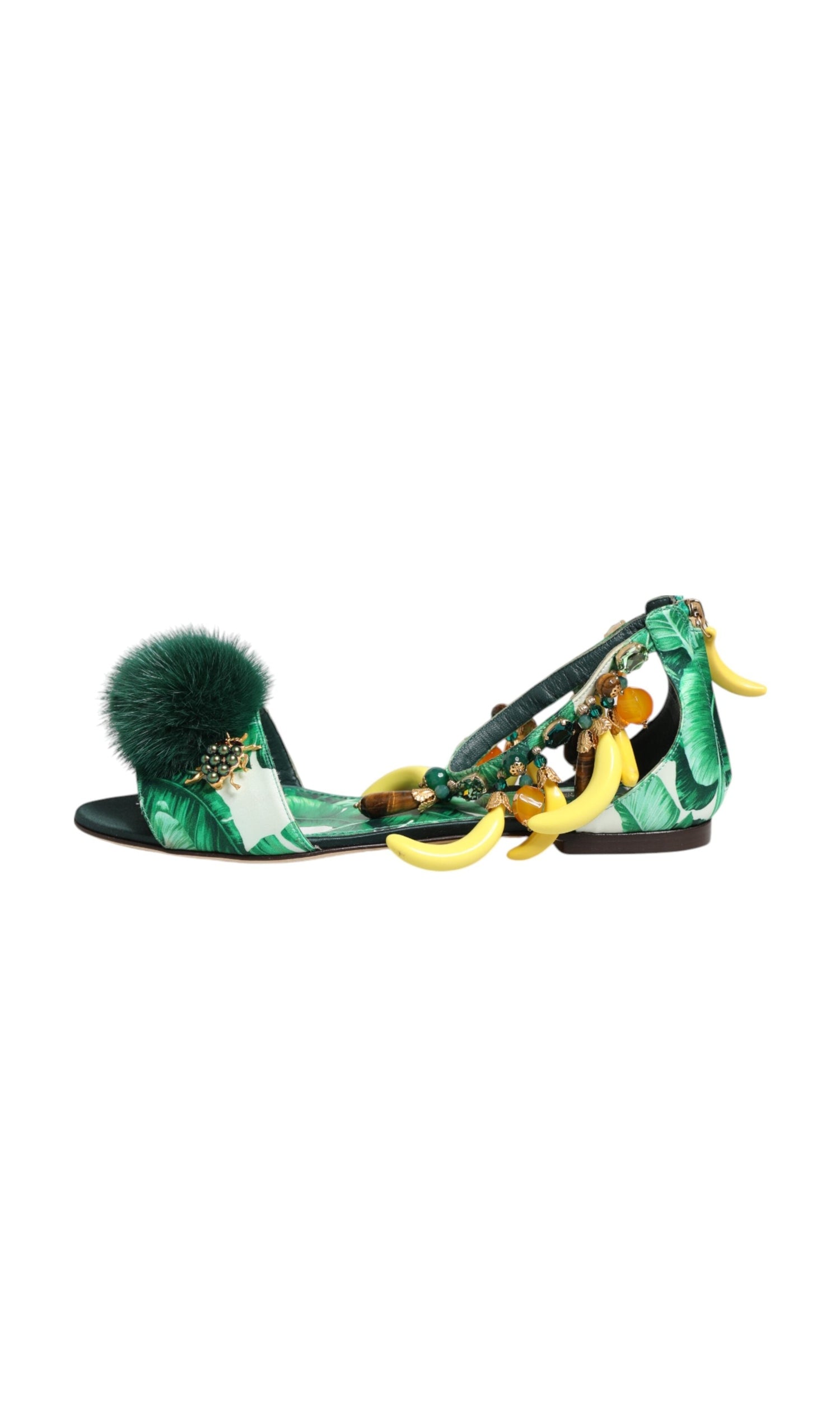 Dolce & Gabbana Green Satin Mink Fur Banana Leaf Sandals Shoes Glam Steals