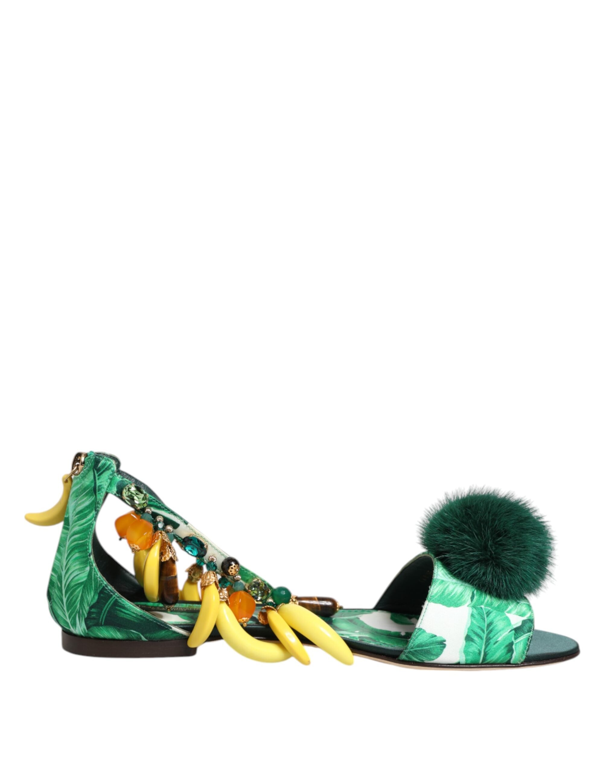 Dolce & Gabbana Green Satin Mink Fur Banana Leaf Sandals Shoes Glam Steals
