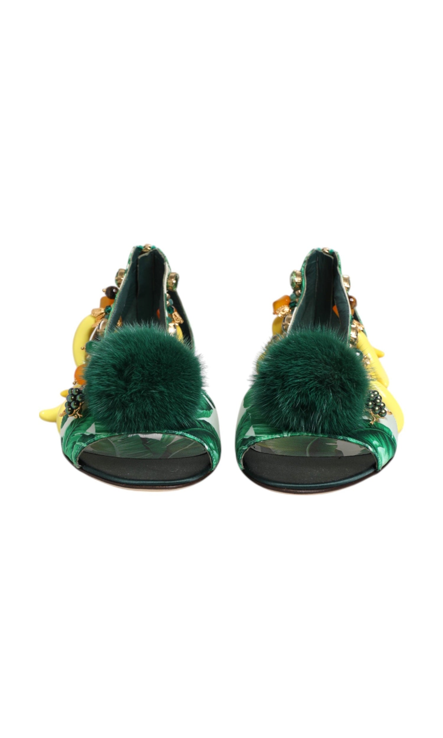Dolce & Gabbana Green Satin Mink Fur Banana Leaf Sandals Shoes Glam Steals