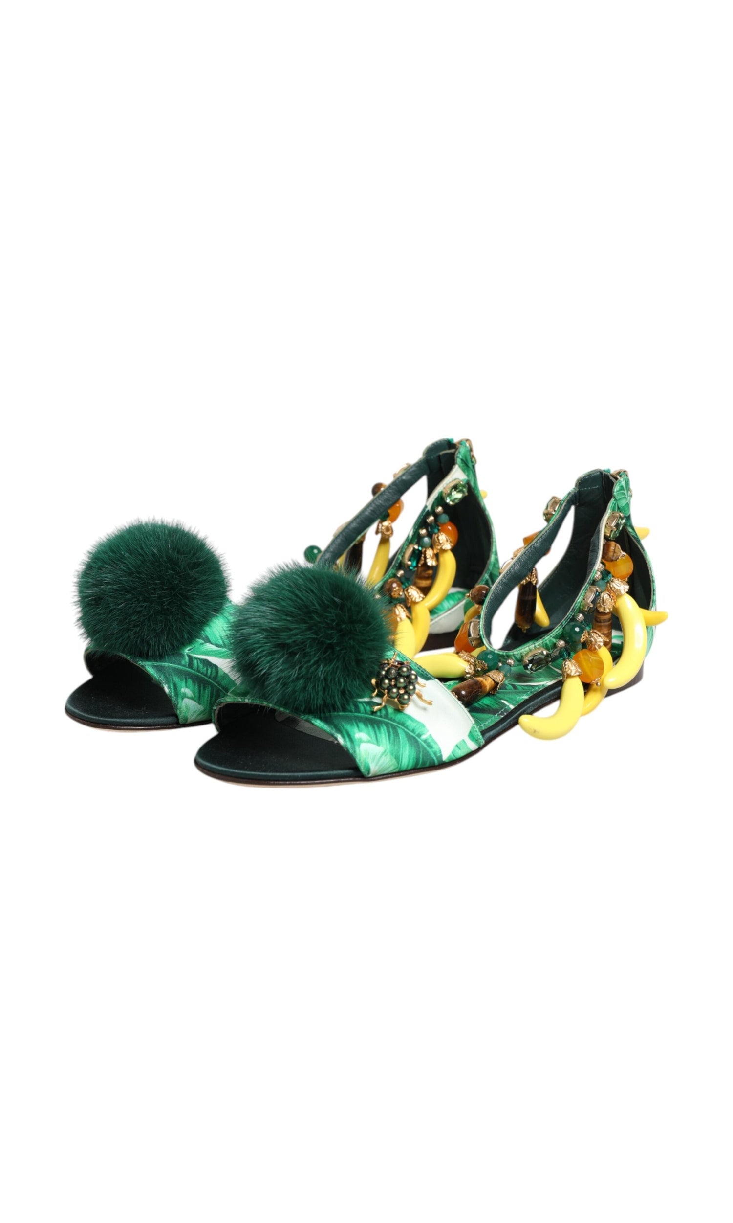 Dolce & Gabbana Green Satin Mink Fur Banana Leaf Sandals Shoes Glam Steals