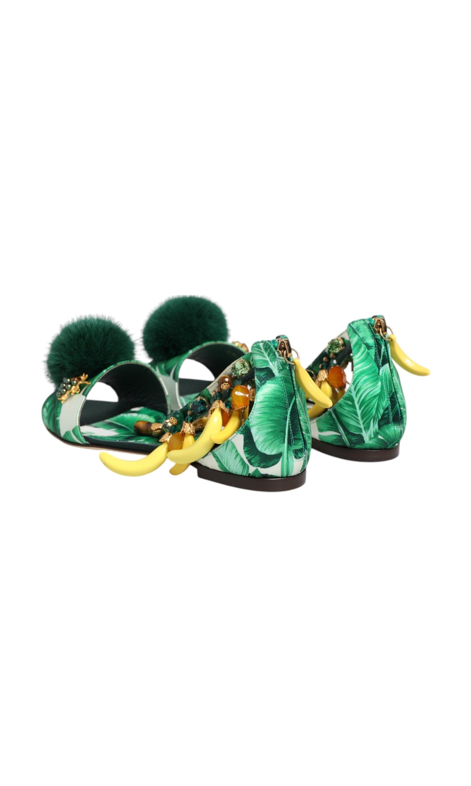 Dolce & Gabbana Green Satin Mink Fur Banana Leaf Sandals Shoes Glam Steals