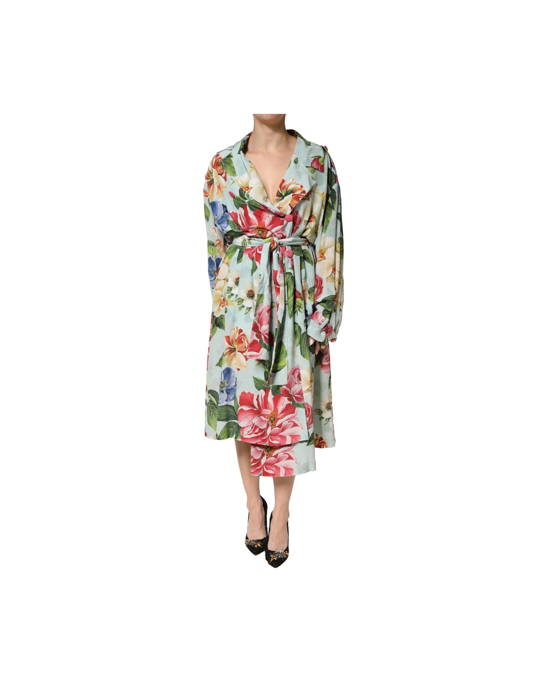 Dolce & Gabbana Green Silk Floral Wrap Midi Long Sleeve Dress 