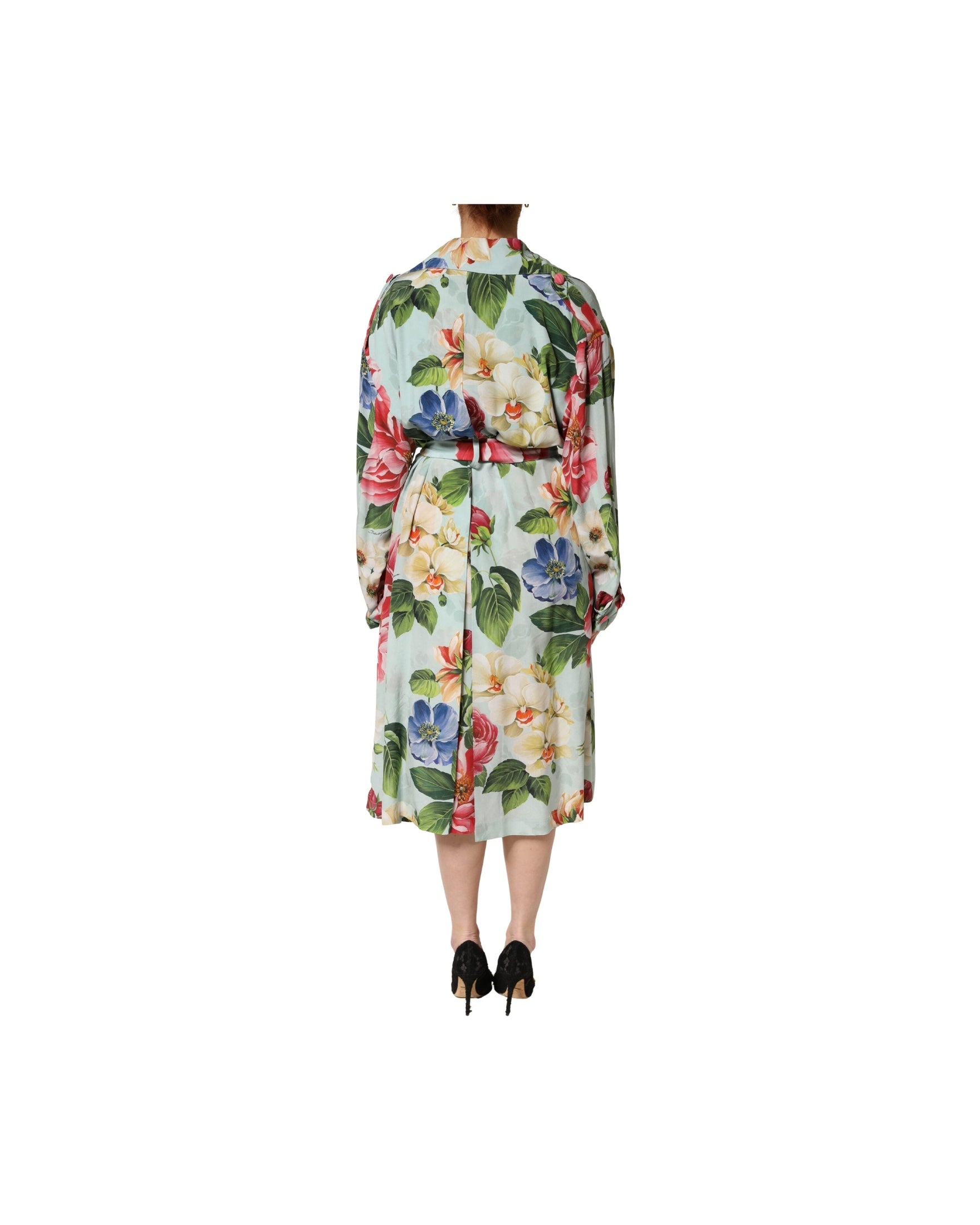 Dolce & Gabbana Green Silk Floral Wrap Midi Long Sleeve Dress 