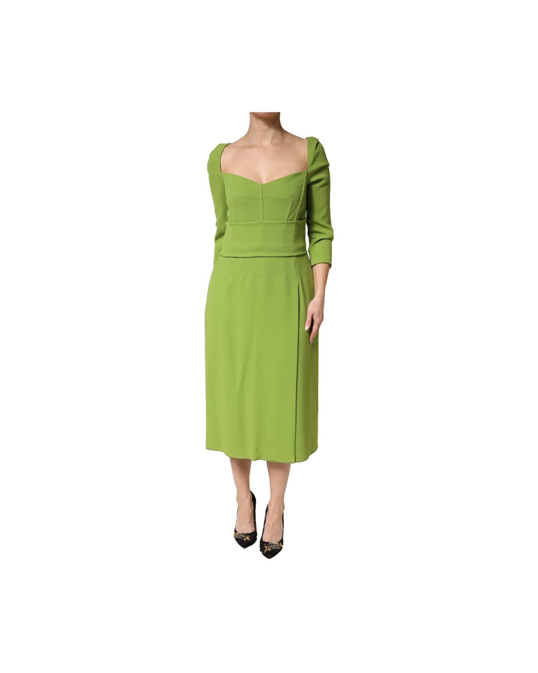 Dolce & Gabbana Green Silk Sweetheart Neckline Midi Dress 