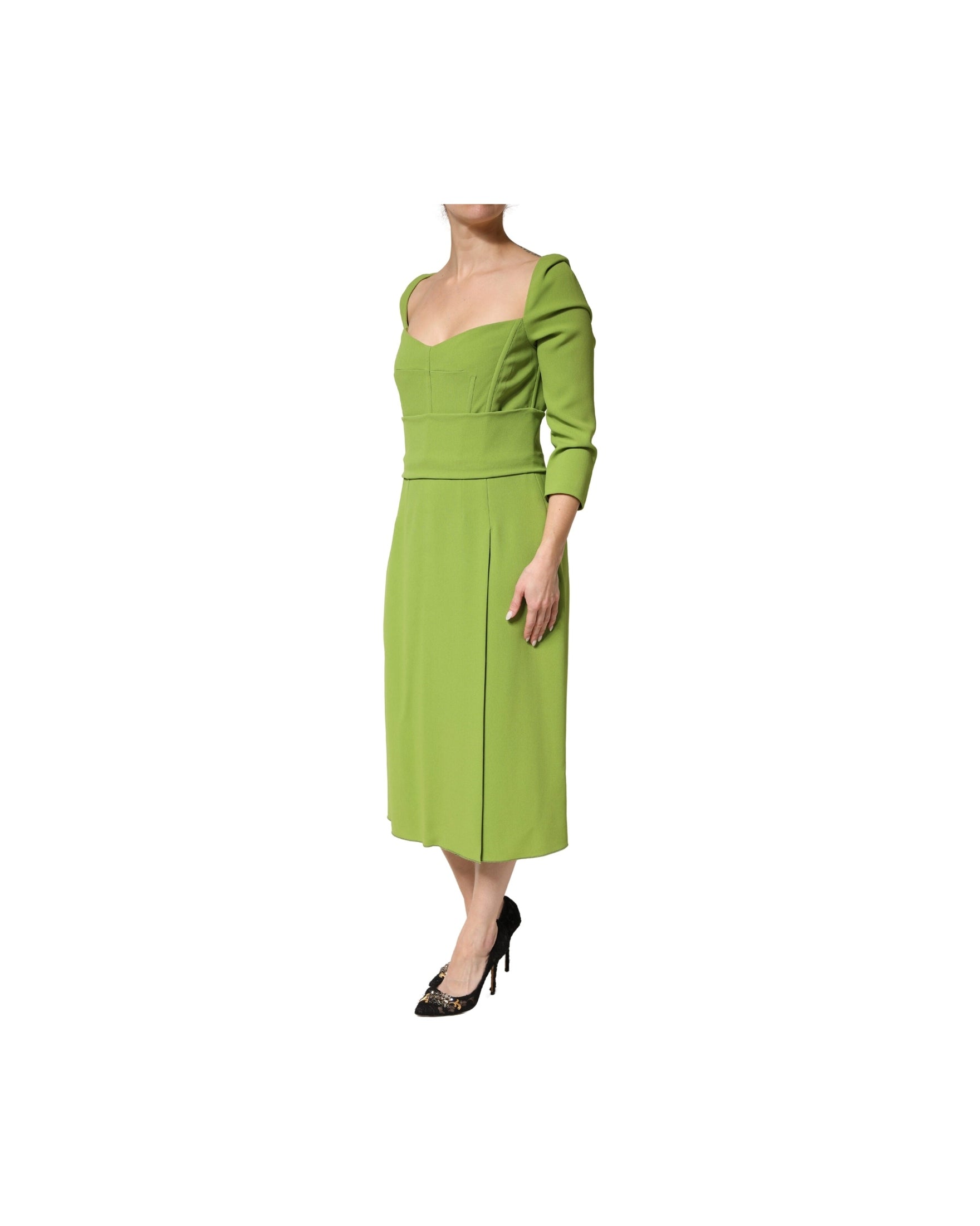 Dolce & Gabbana Green Silk Sweetheart Neckline Midi Dress 