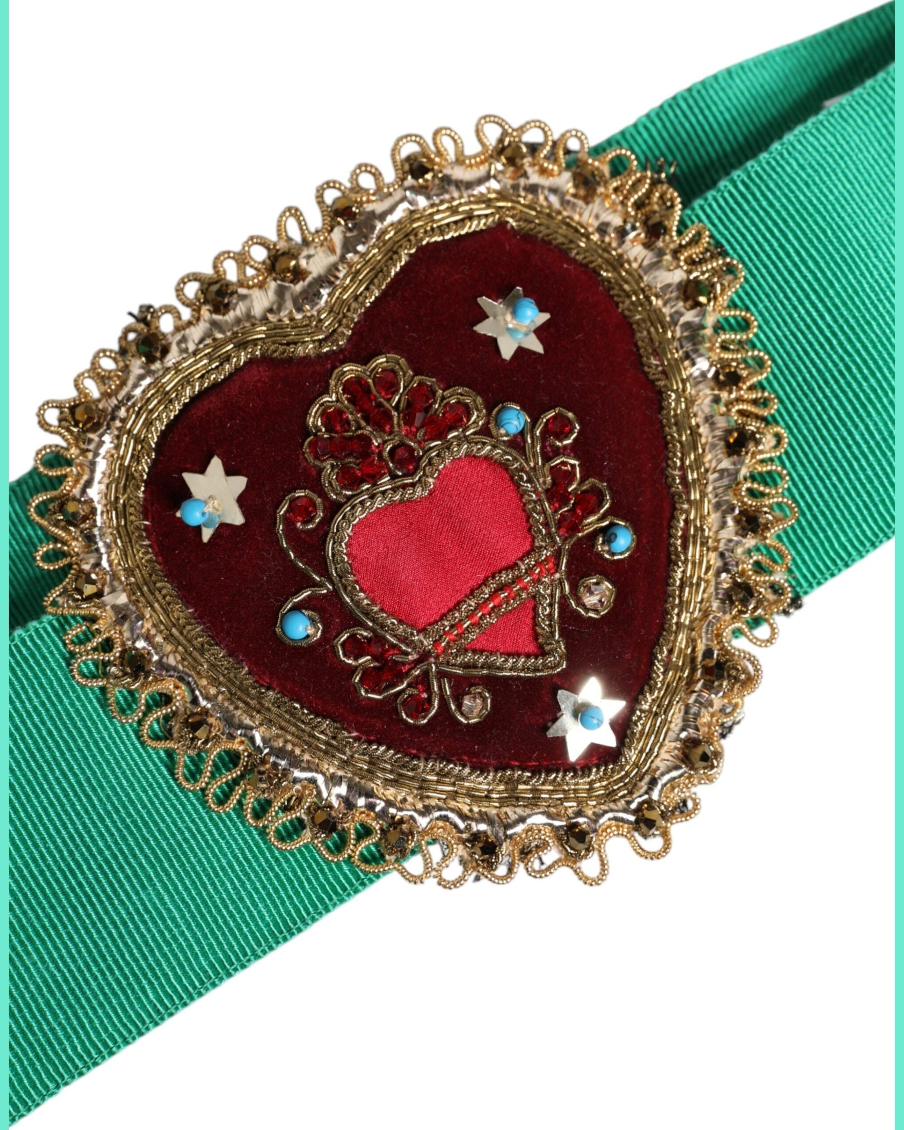 Dolce & Gabbana Green Stretch Wide Waist Heart Embellished Belt Glam Steals