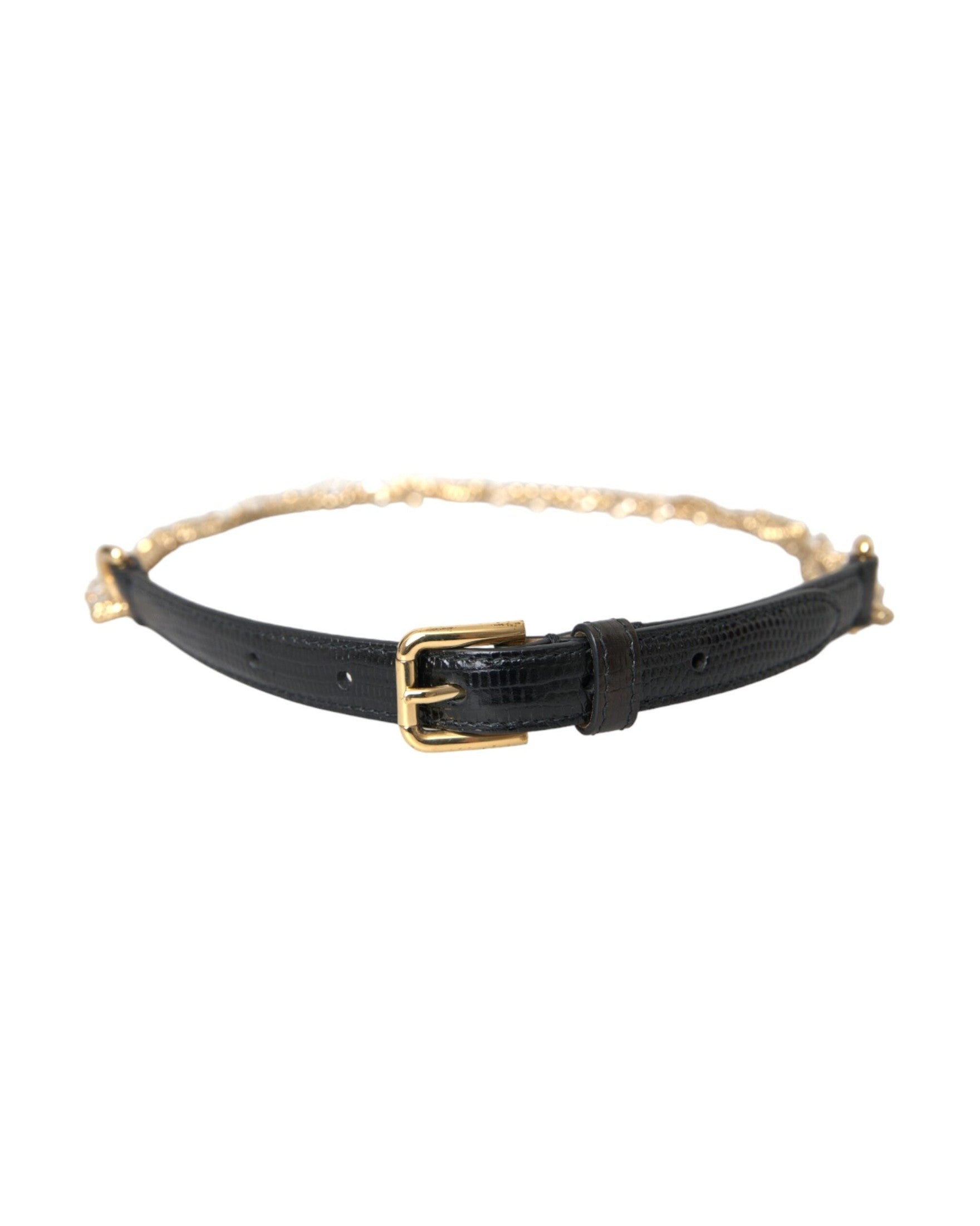 Dolce & Gabbana Leather Chain Crystal Waist Women Black Gold Belt Glam Steals