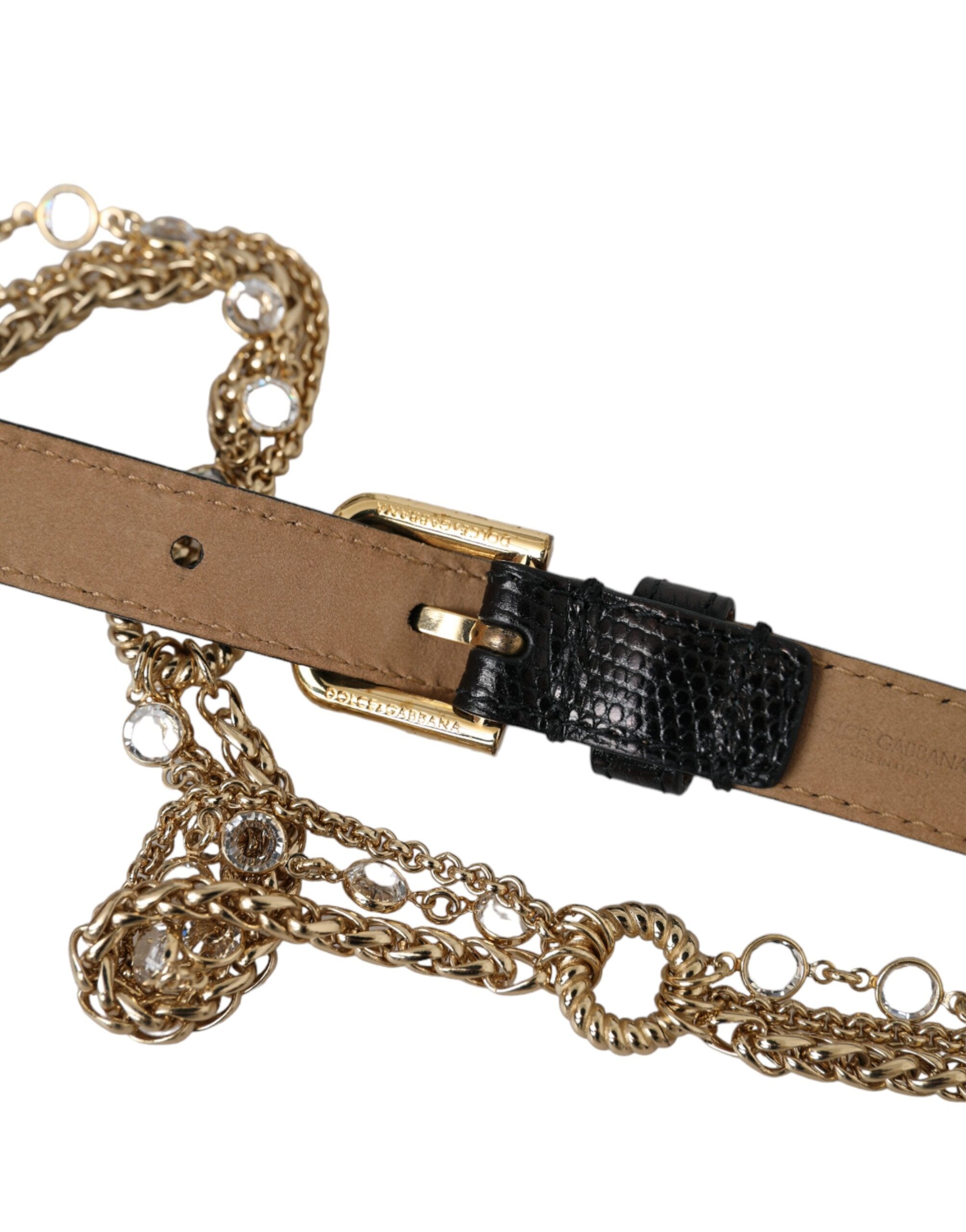 Dolce & Gabbana Leather Chain Crystal Waist Women Black Gold Belt Glam Steals