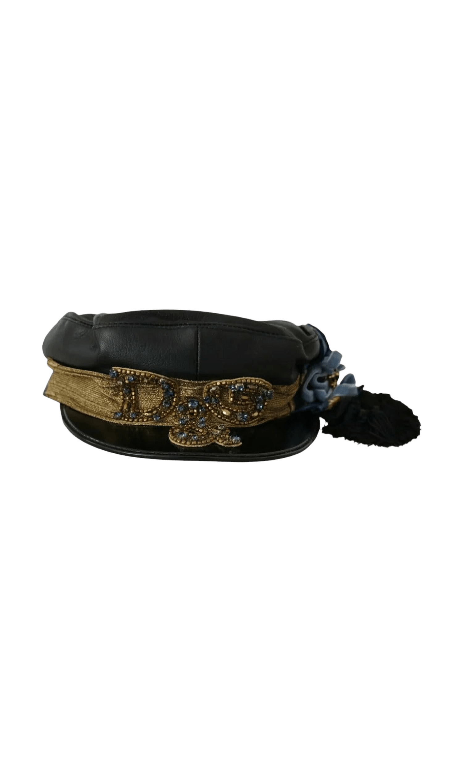 Dolce & Gabbana Leather Crystal Beads Ribbon Fiddler Black Gold Cap Glam Steals