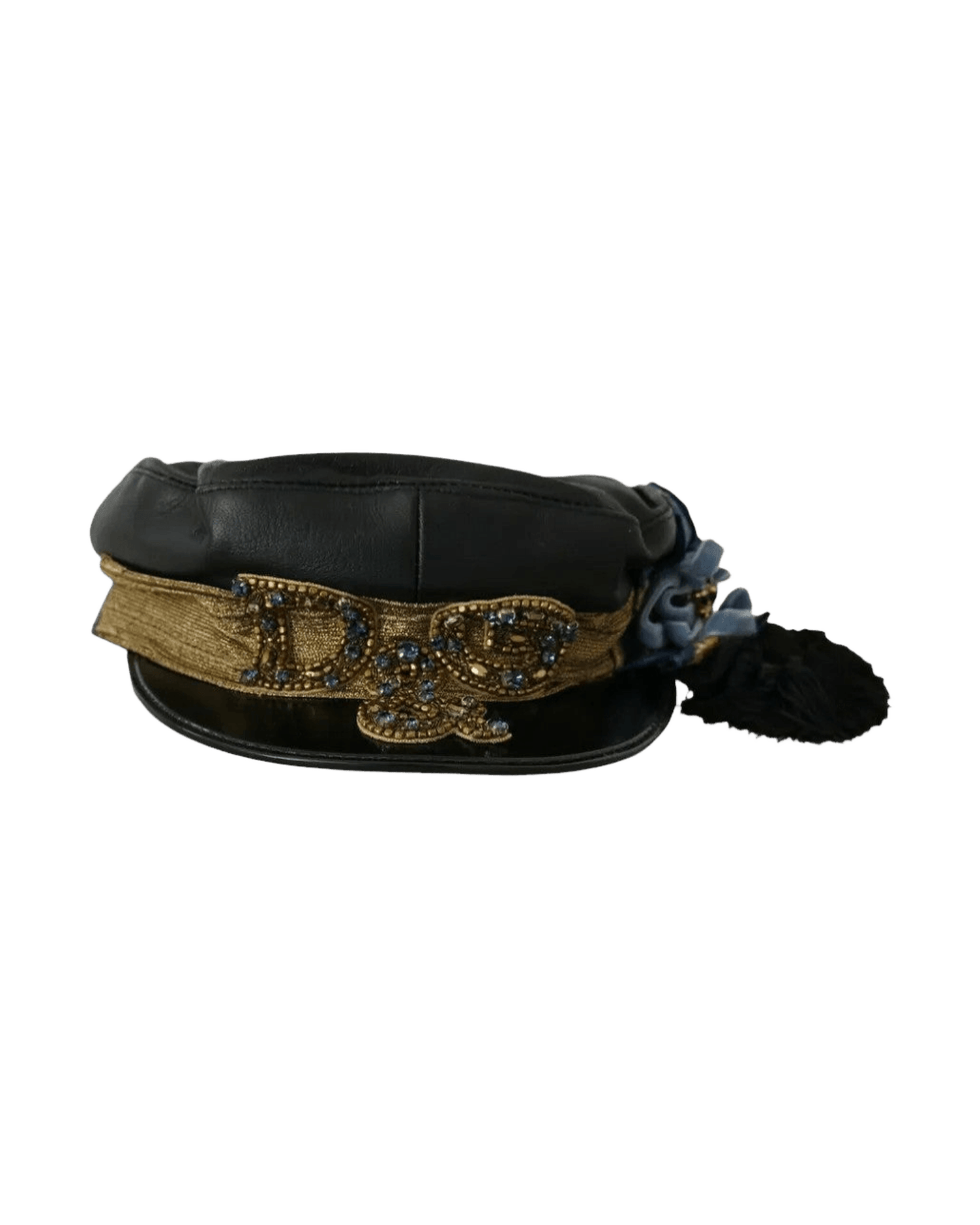 Dolce & Gabbana Leather Crystal Beads Ribbon Fiddler Black Gold Cap Glam Steals