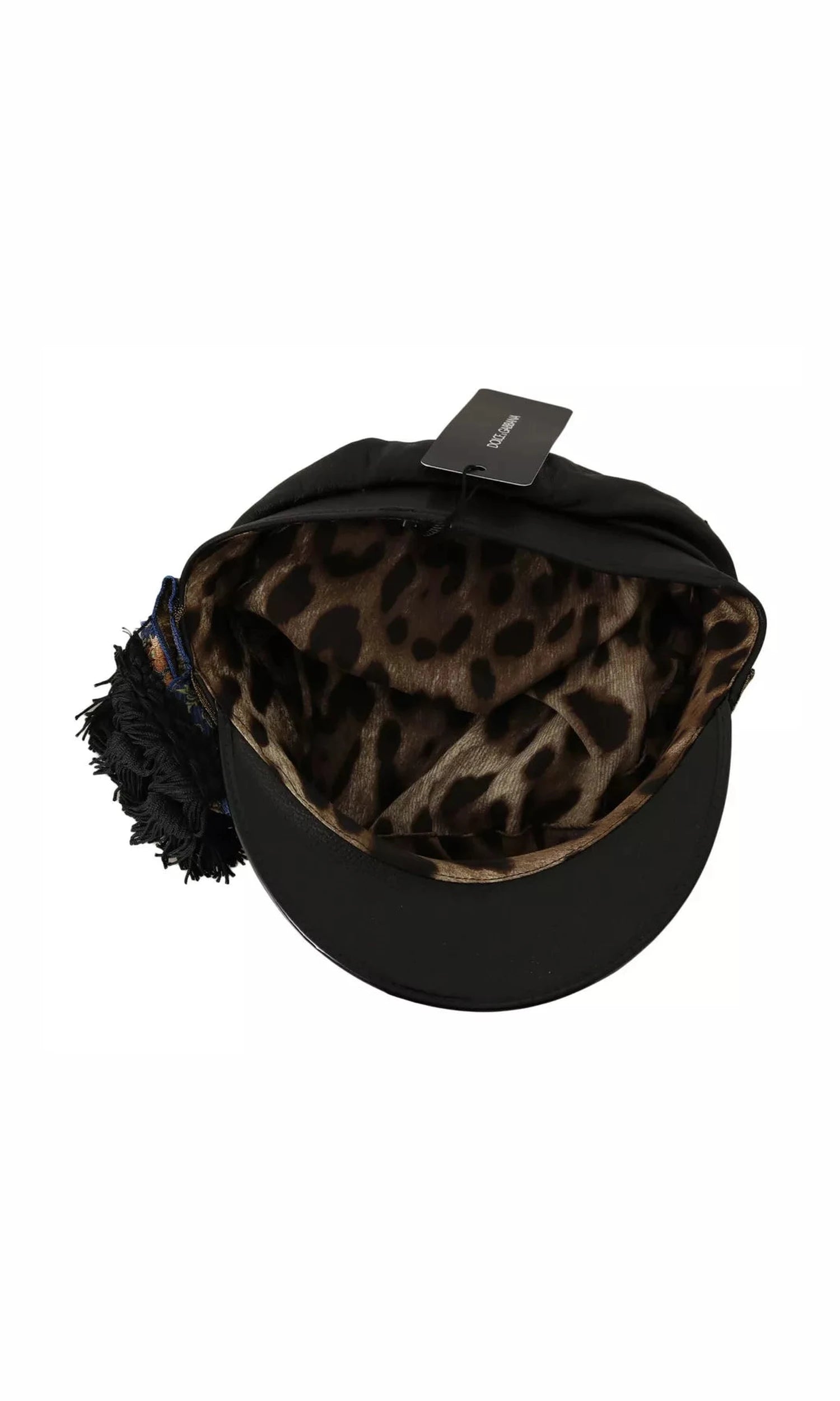 Dolce & Gabbana Leather Crystal Beads Ribbon Fiddler Black Gold Cap Glam Steals