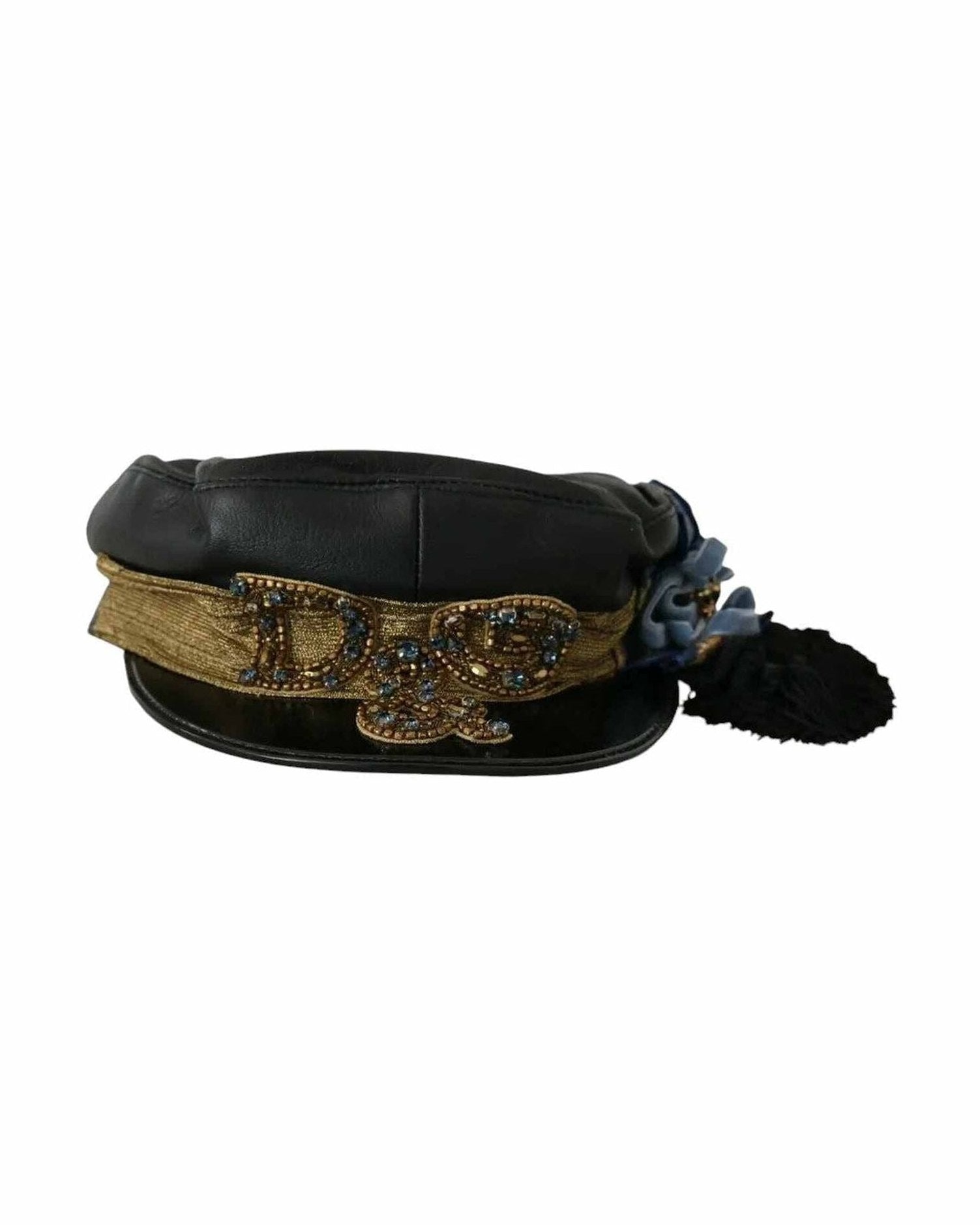 Dolce & Gabbana Leather Crystal Beads Ribbon Fiddler Black Gold Cap Glam Steals