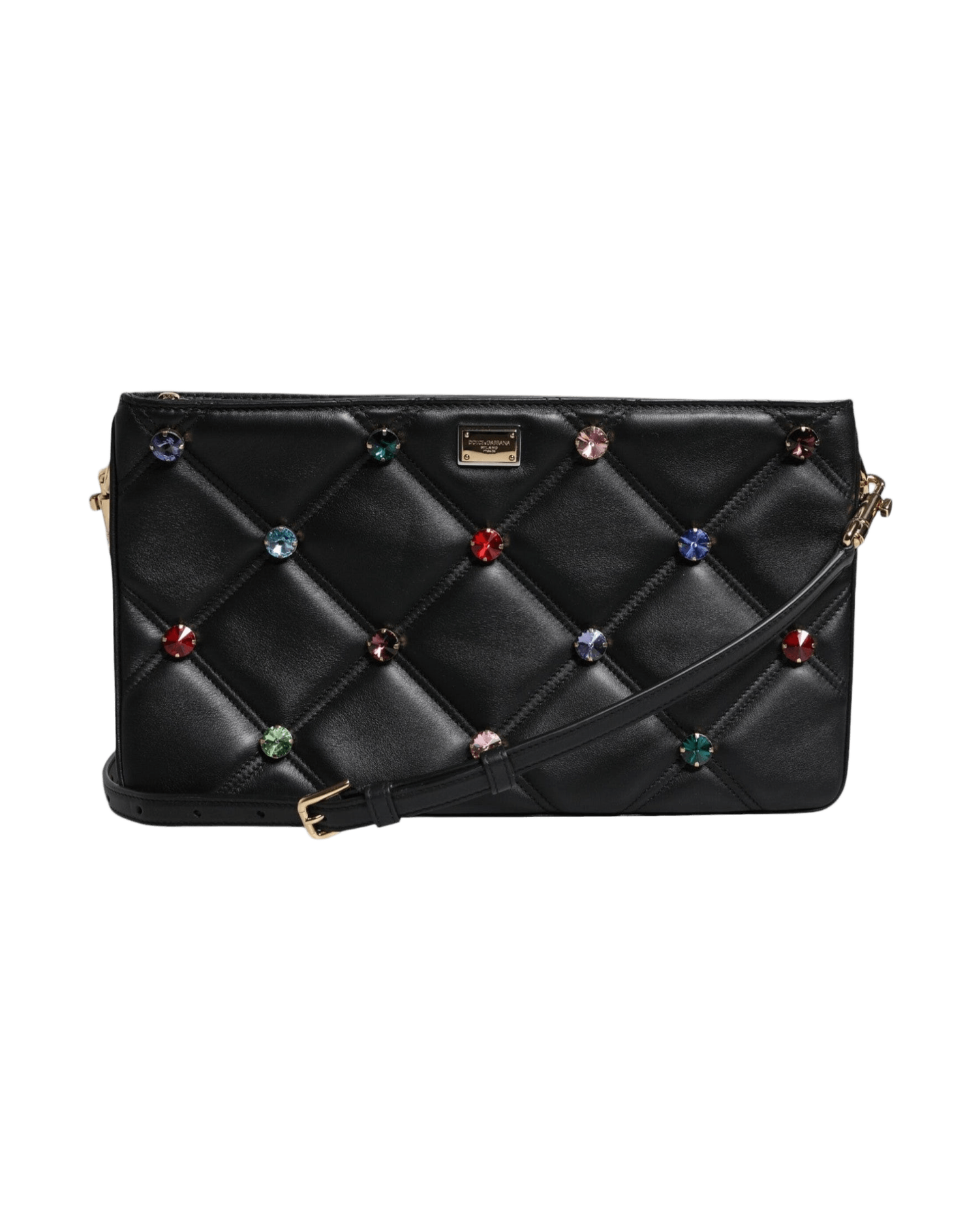Dolce & Gabbana Leather Crystal Embellished Logo Shoulder Black Bag Glam Steals