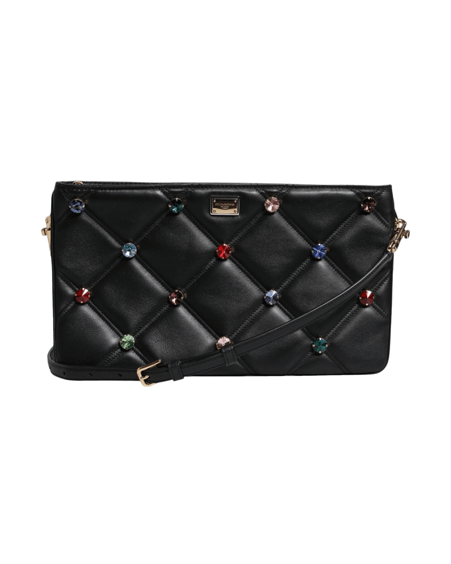 Dolce & Gabbana Leather Crystal Embellished Logo Shoulder Black Bag Glam Steals