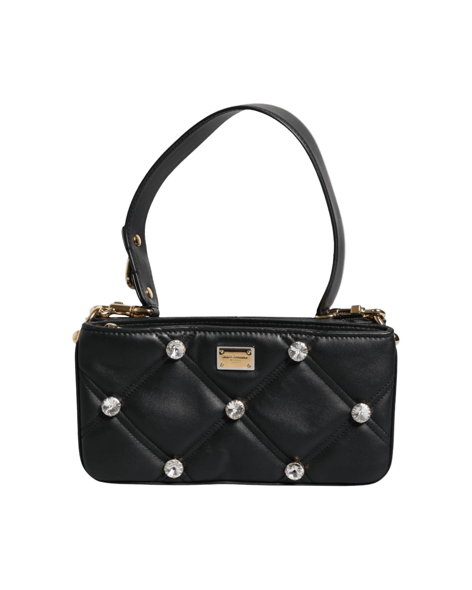 Dolce & Gabbana Leather Crystal Embellished Logo Shoulder Black Bag Glam Steals