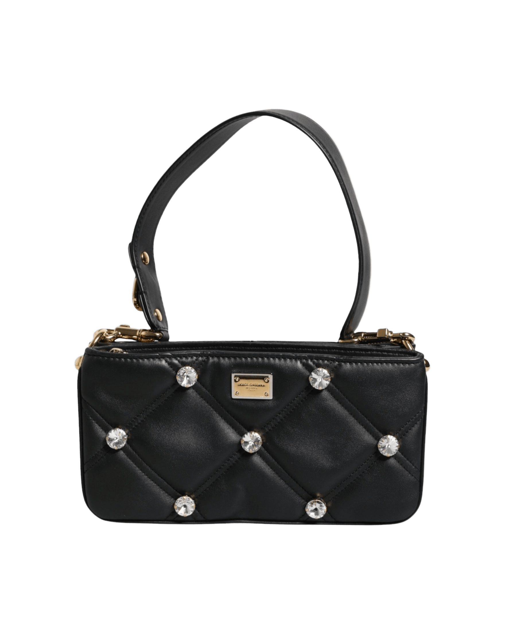 Dolce & Gabbana Leather Crystal Embellished Logo Shoulder Black Bag Glam Steals