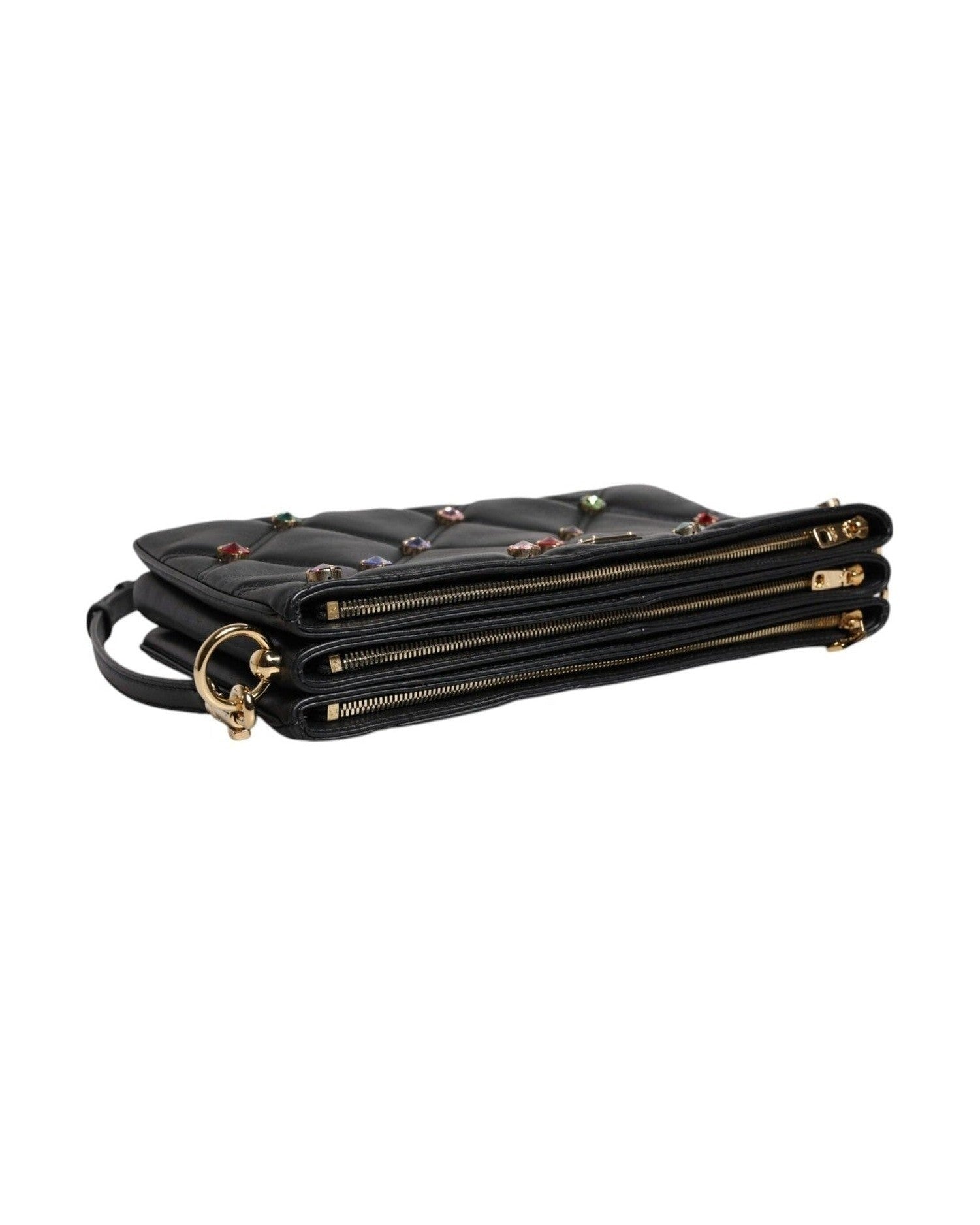 Dolce & Gabbana Leather Crystal Embellished Logo Shoulder Black Bag Glam Steals