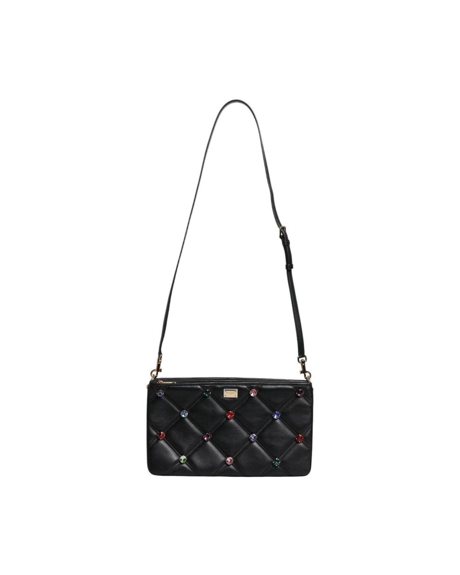 Dolce & Gabbana Leather Crystal Embellished Logo Shoulder Black Bag Glam Steals