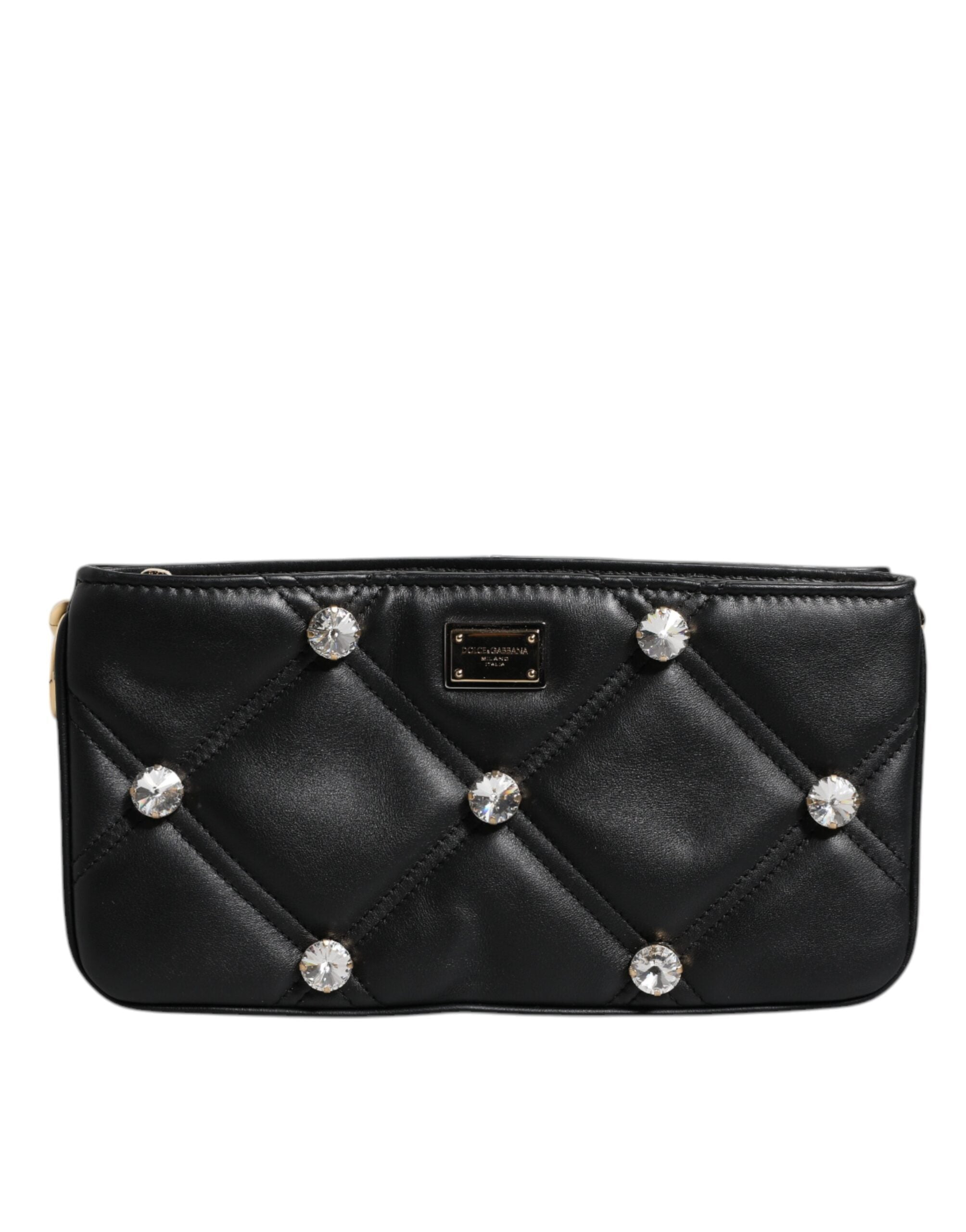 Dolce & Gabbana Leather Crystal Embellished Logo Shoulder Black Bag Glam Steals