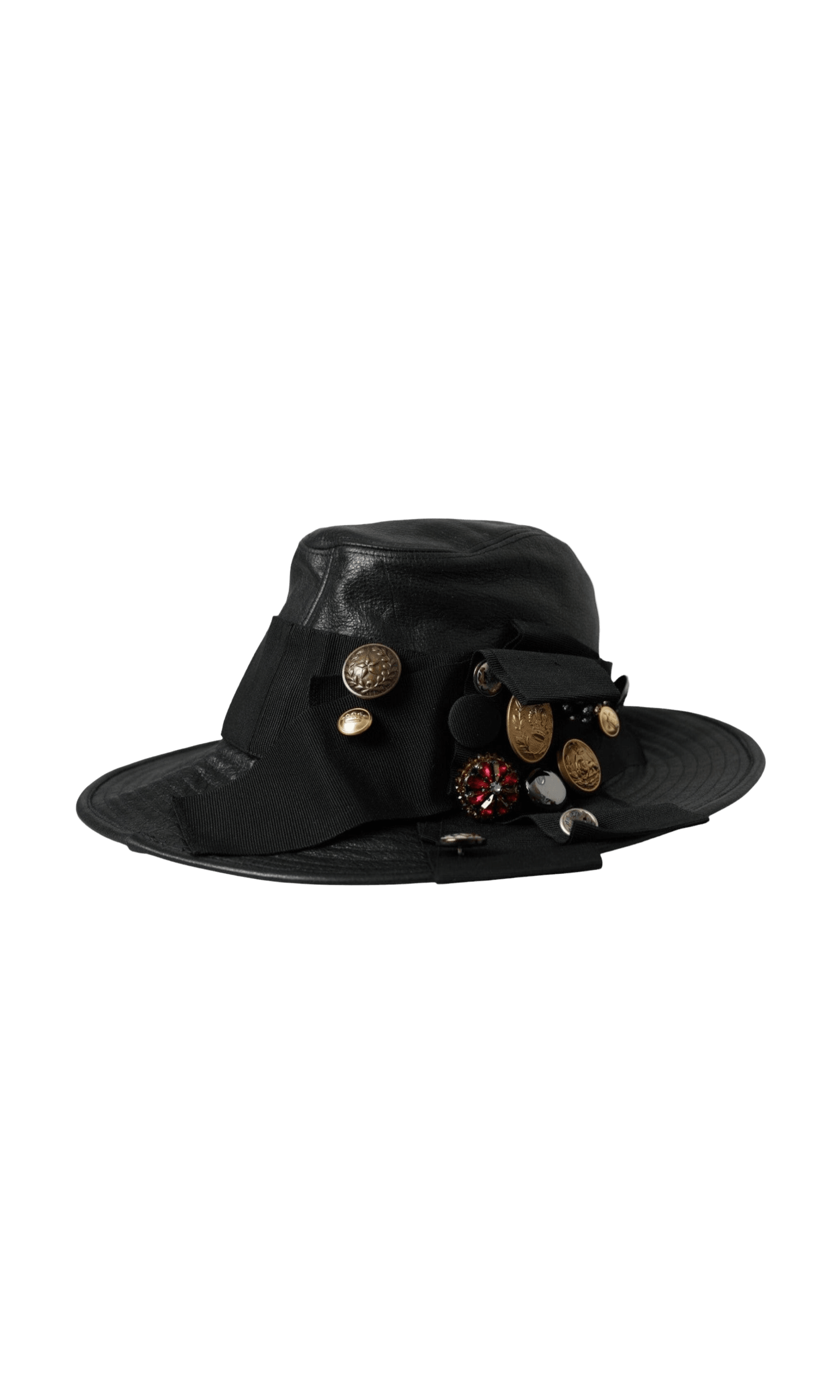 Dolce & Gabbana Leather Dg Coin Crystal Wide Brim Black Hat Glam Steals