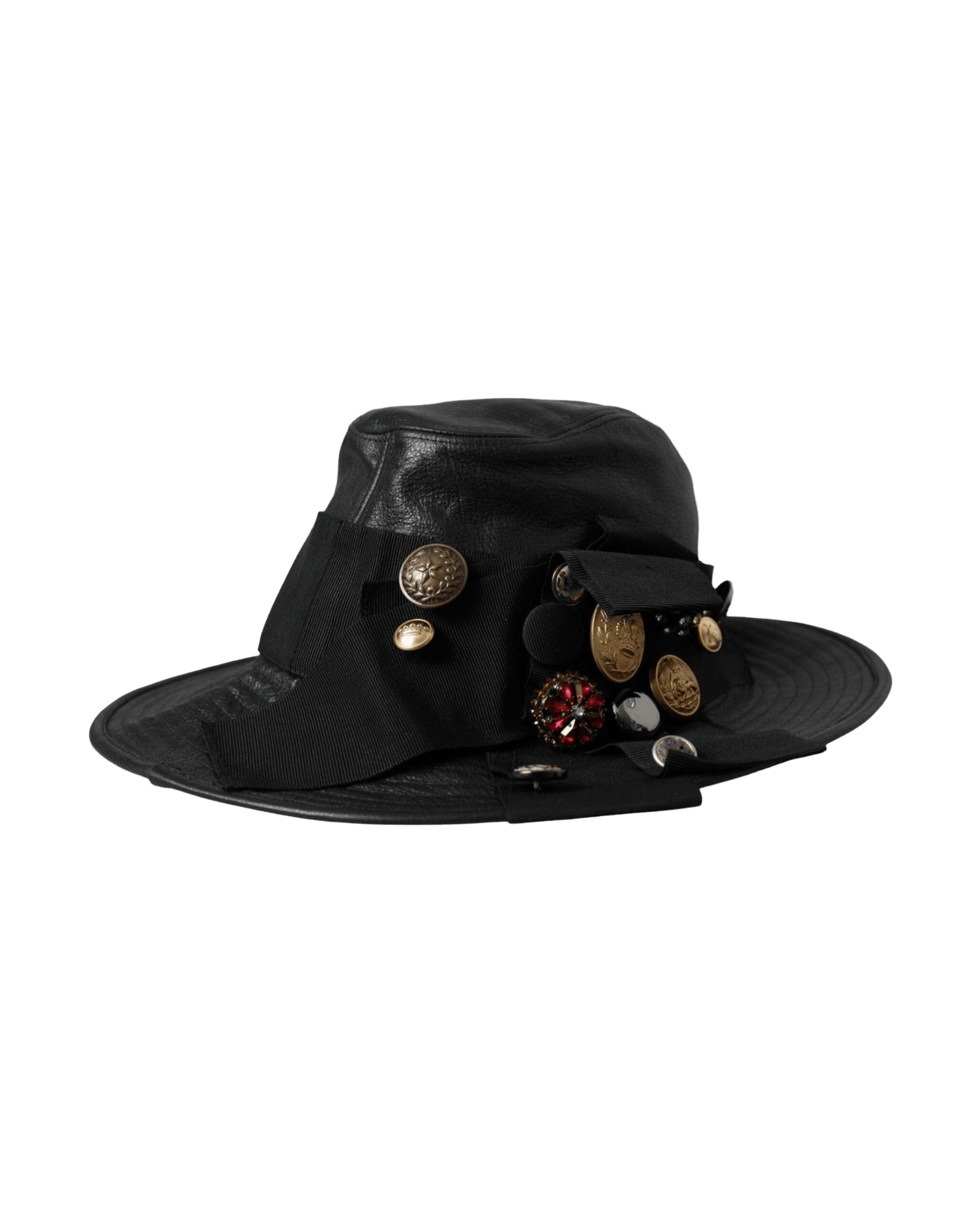 Dolce & Gabbana Leather Dg Coin Crystal Wide Brim Black Hat Glam Steals
