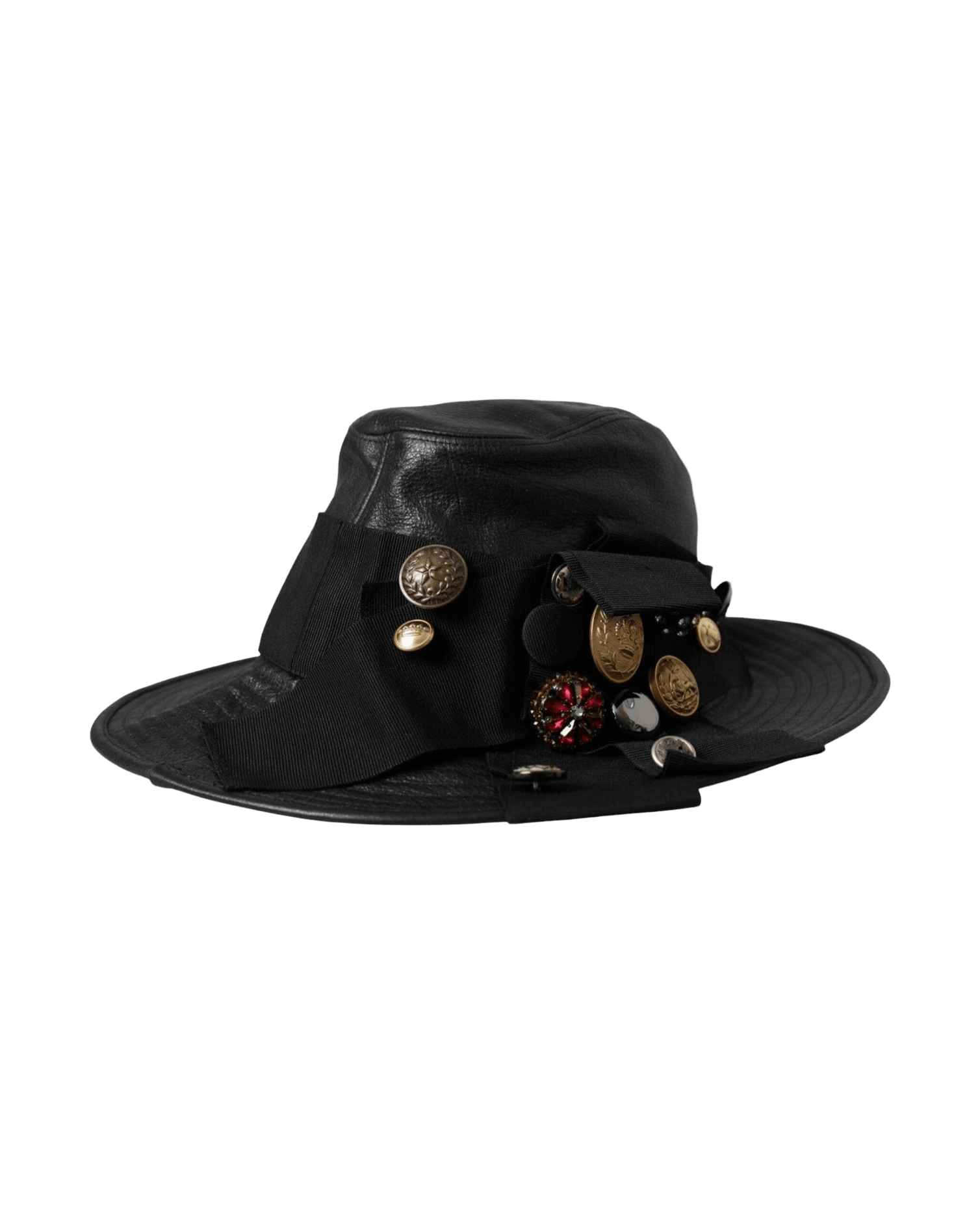 Dolce & Gabbana Leather Dg Coin Crystal Wide Brim Black Hat Glam Steals