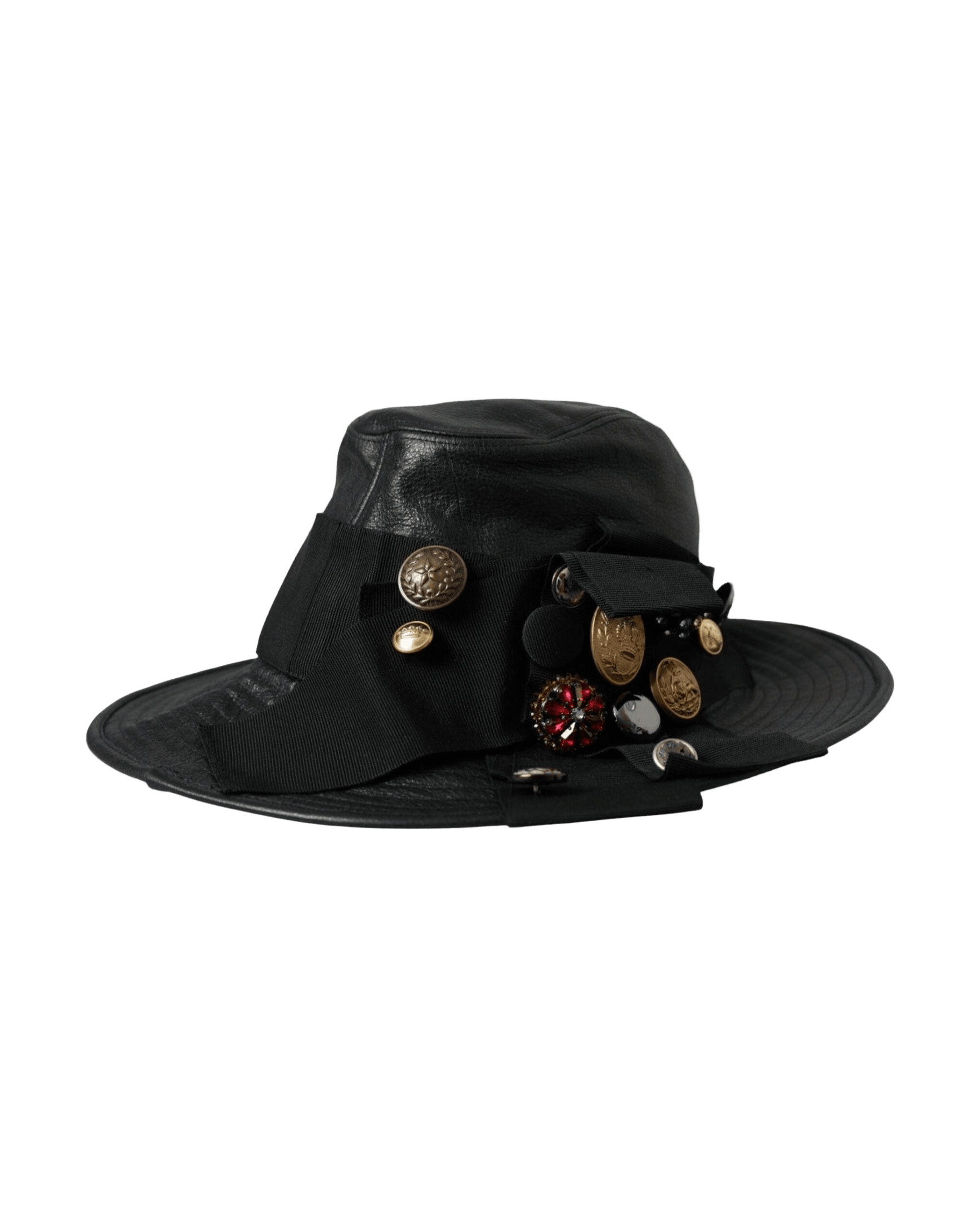 Dolce & Gabbana Leather Dg Coin Crystal Wide Brim Black Hat Glam Steals