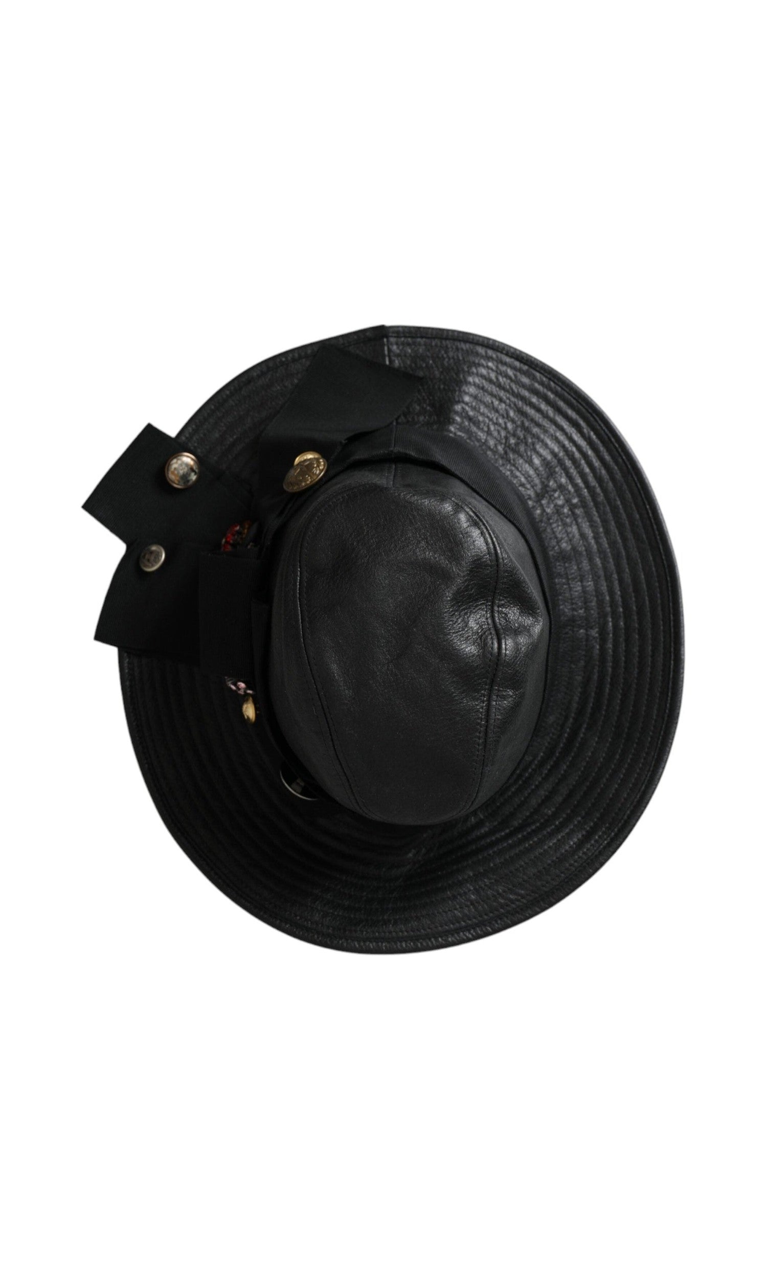 Dolce & Gabbana Leather Dg Coin Crystal Wide Brim Black Hat Glam Steals