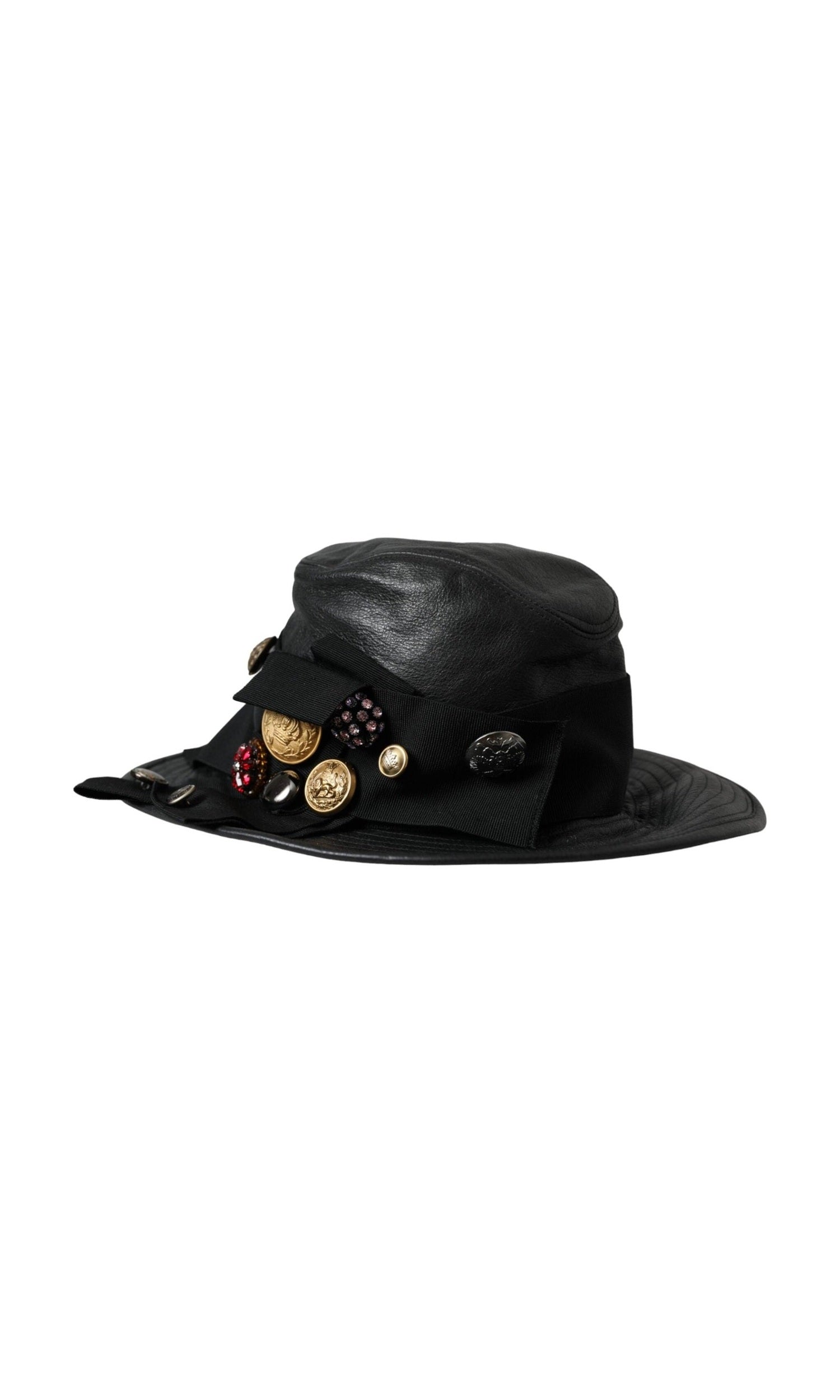 Dolce & Gabbana Leather Dg Coin Crystal Wide Brim Black Hat Glam Steals
