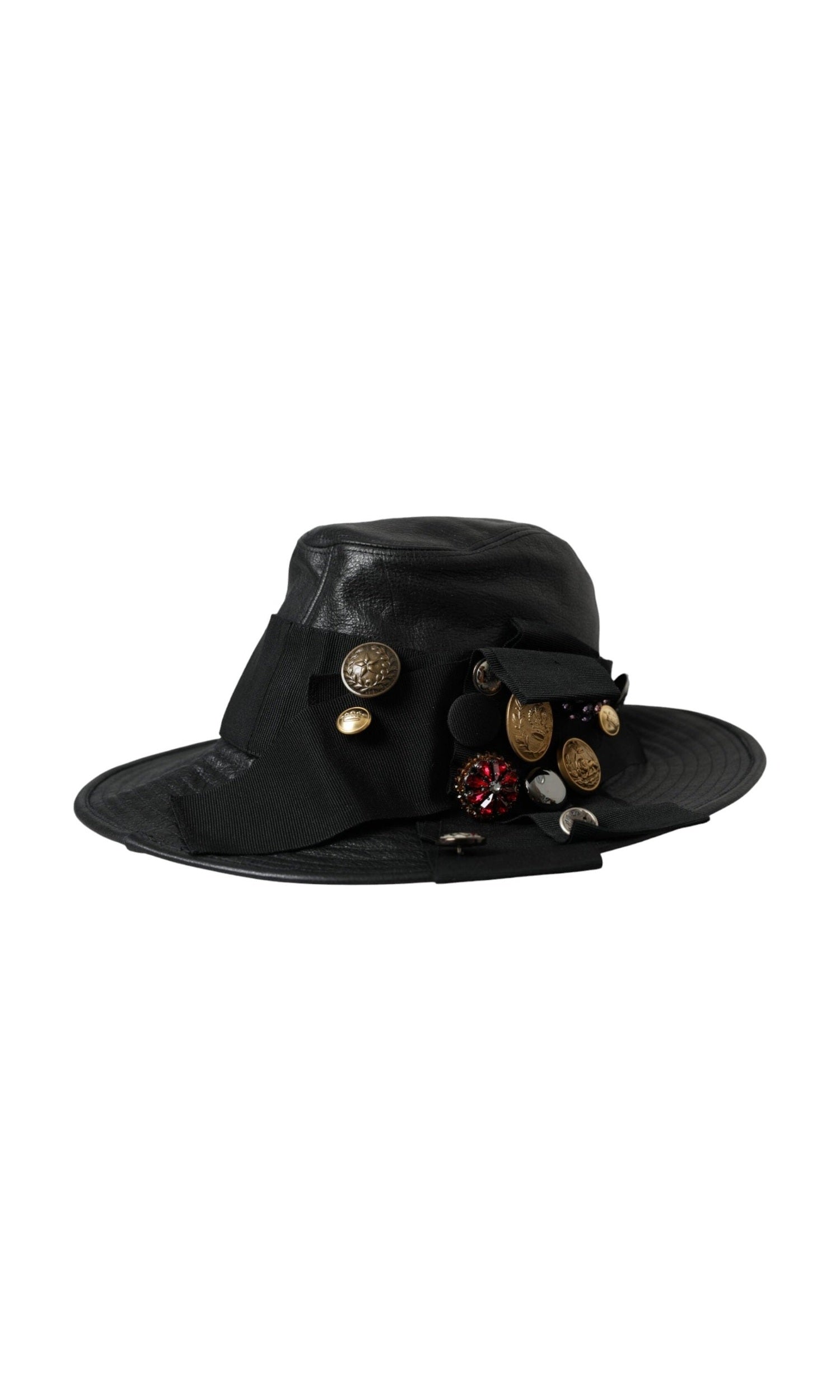 Dolce & Gabbana Leather Dg Coin Crystal Wide Brim Black Hat Glam Steals