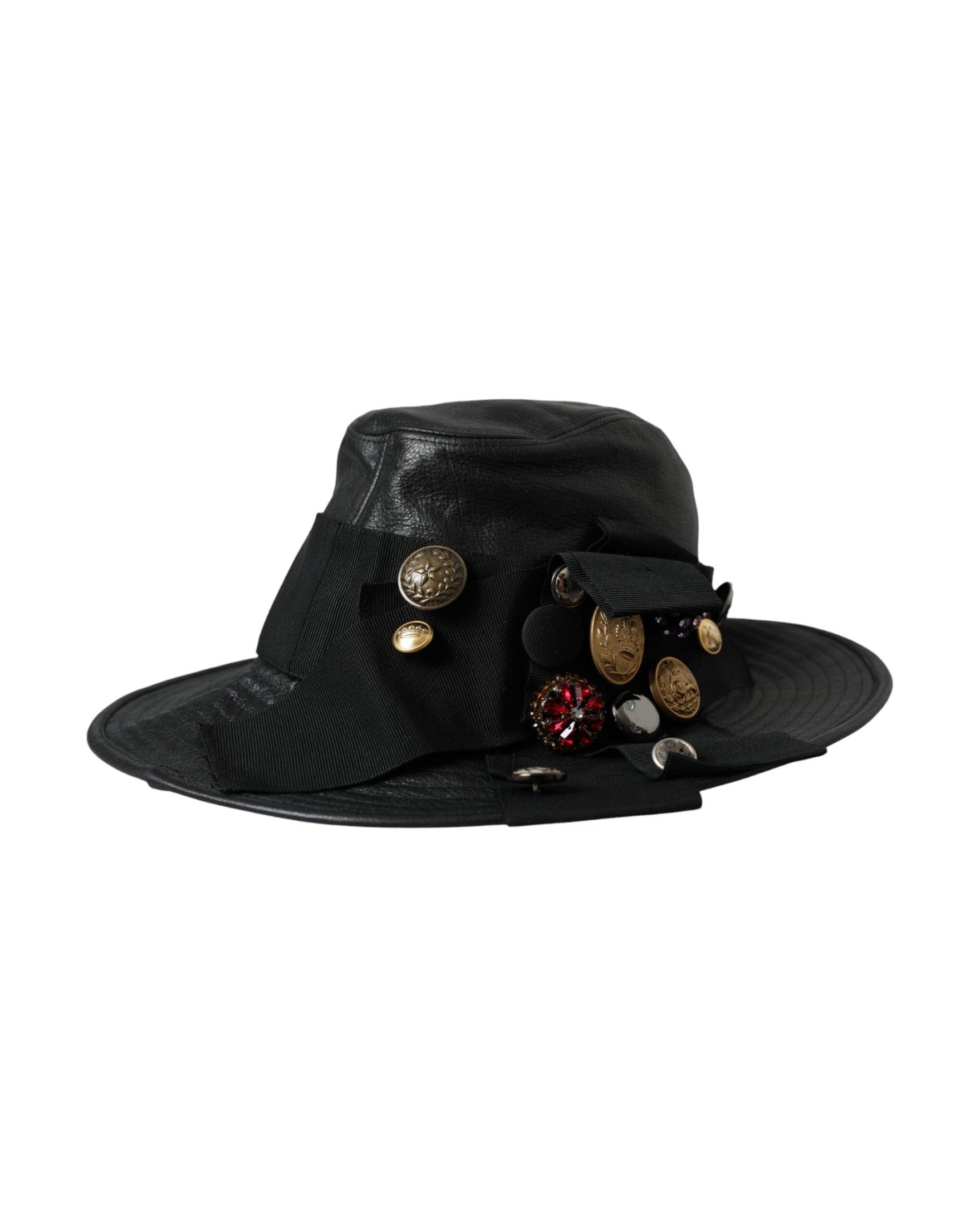 Dolce & Gabbana Leather Dg Coin Crystal Wide Brim Black Hat Glam Steals