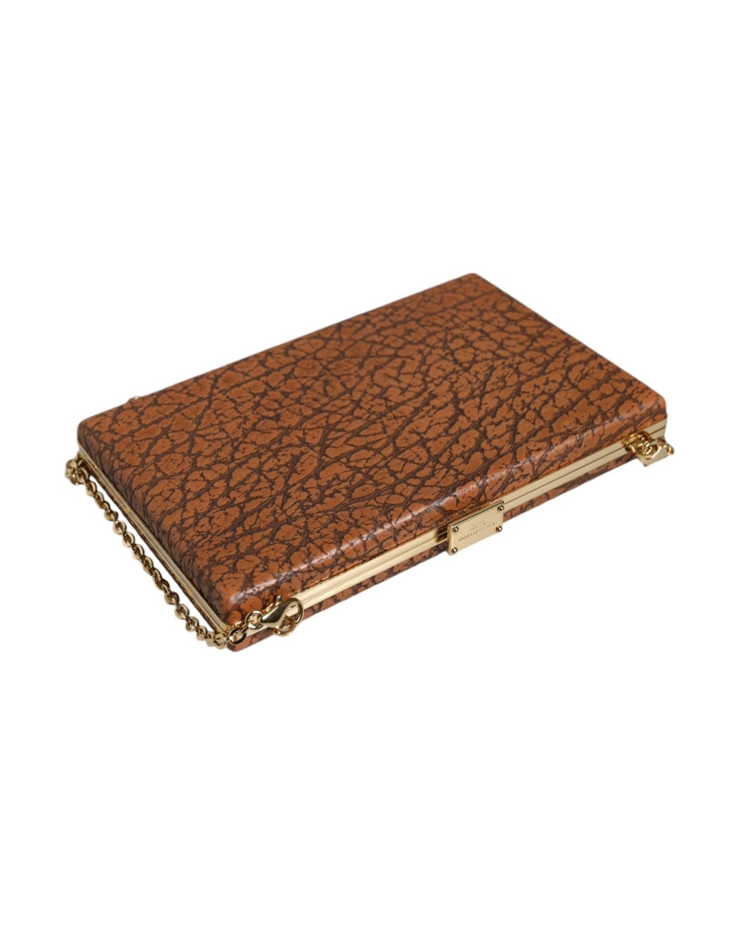 Dolce & Gabbana Leather Frame Clutch Mini Crossbody Brown Gold Bag Glam Steals