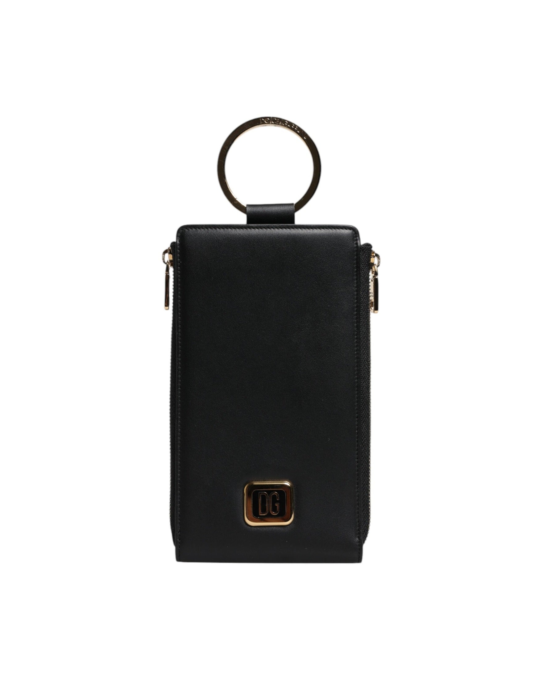 Dolce & Gabbana Leather Logo Plaque Neck Strap Card Coin Black Wallet Glam Steals