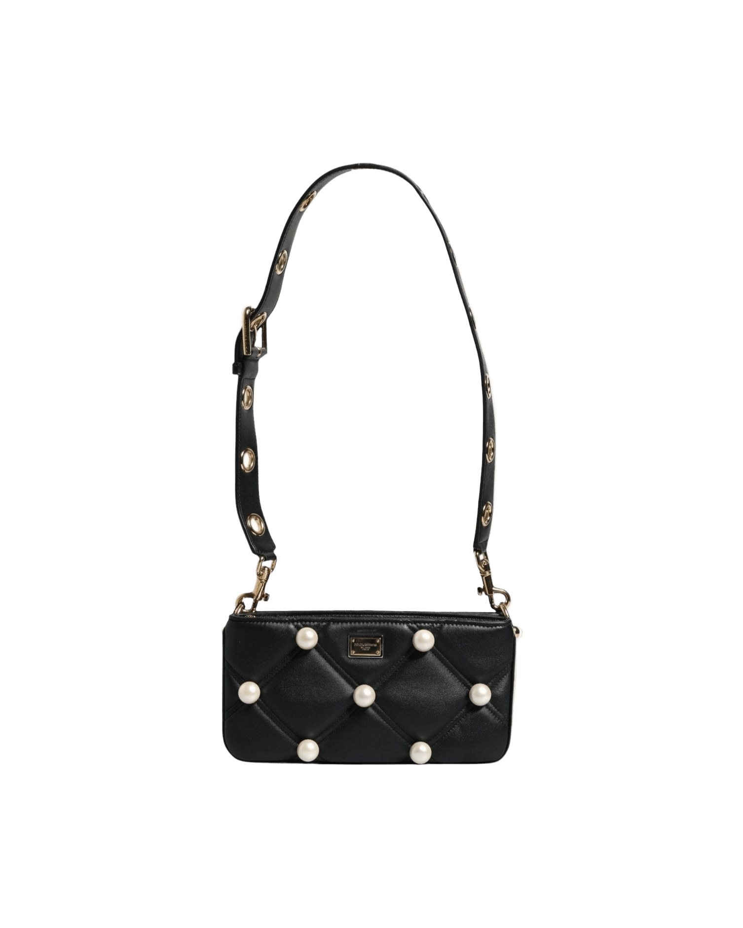 Dolce & Gabbana Leather Pearl Embellished Logo Shoulder Black Bag Glam Steals