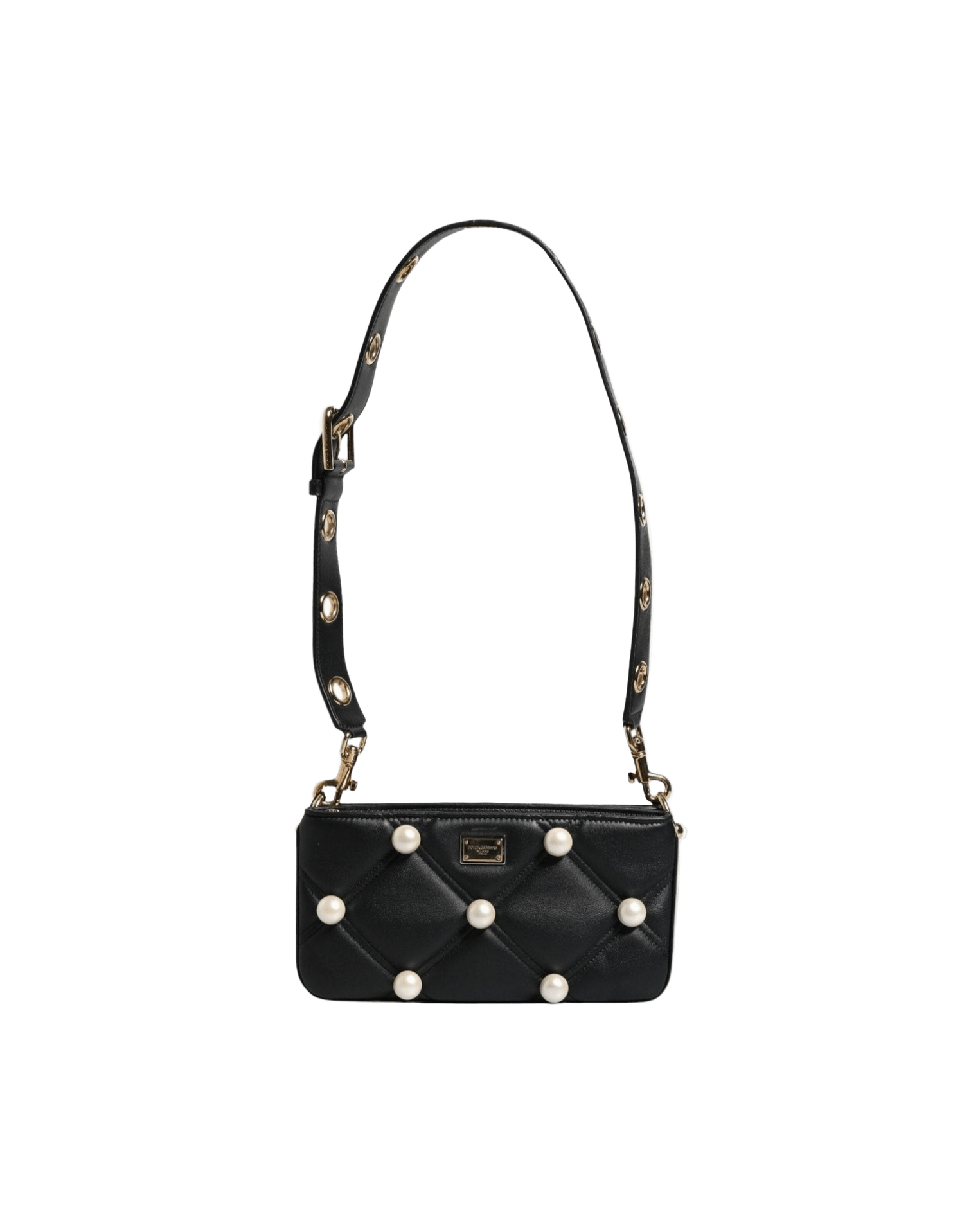 Dolce & Gabbana Leather Pearl Embellished Logo Shoulder Black Bag Glam Steals