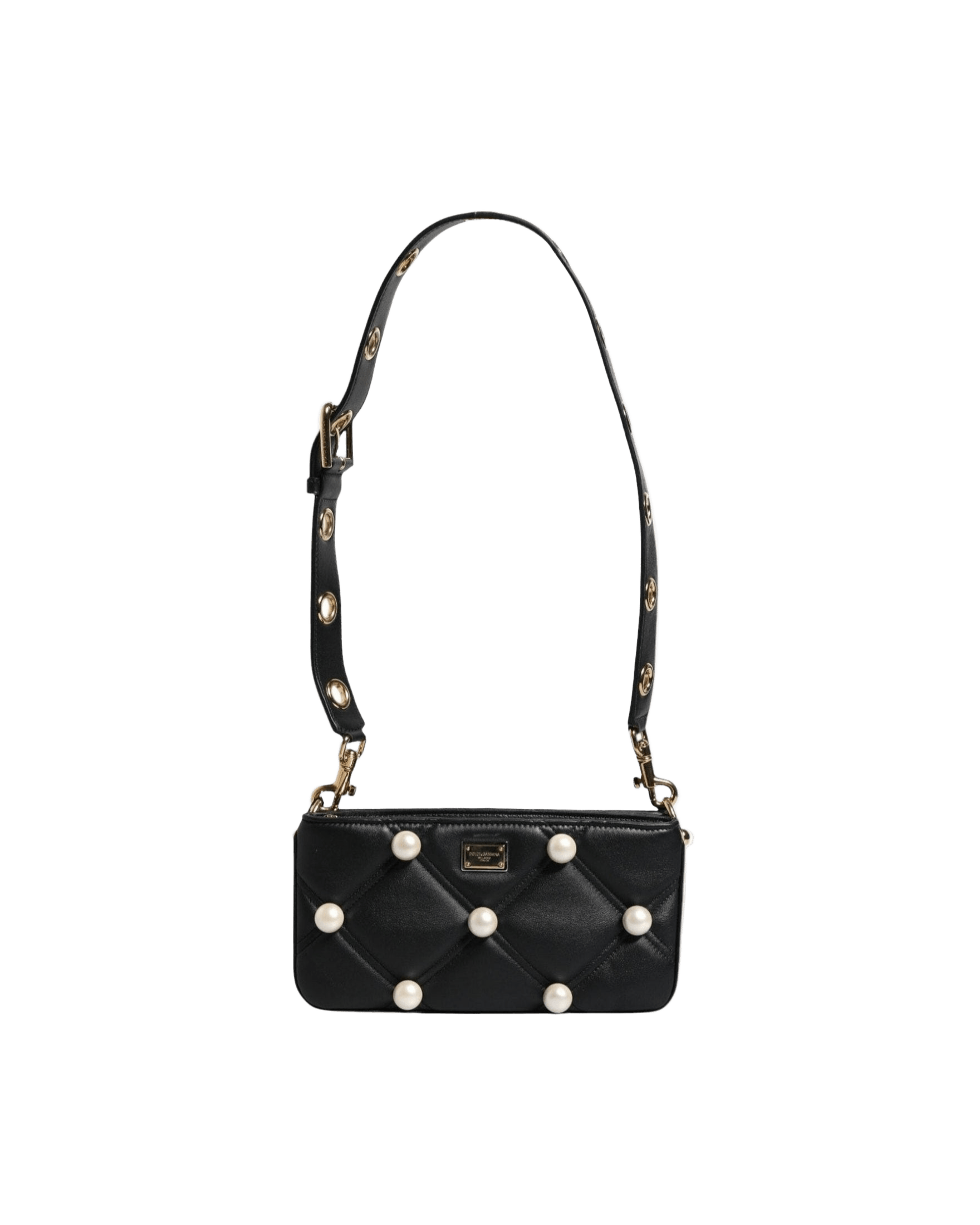 Dolce & Gabbana Leather Pearl Embellished Logo Shoulder Black Bag Glam Steals