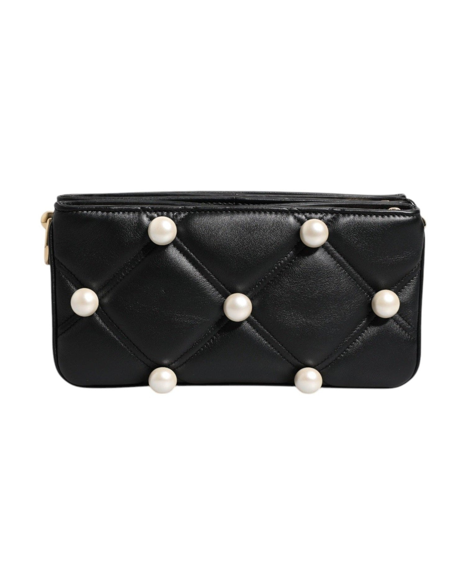 Dolce & Gabbana Leather Pearl Embellished Logo Shoulder Black Bag Glam Steals