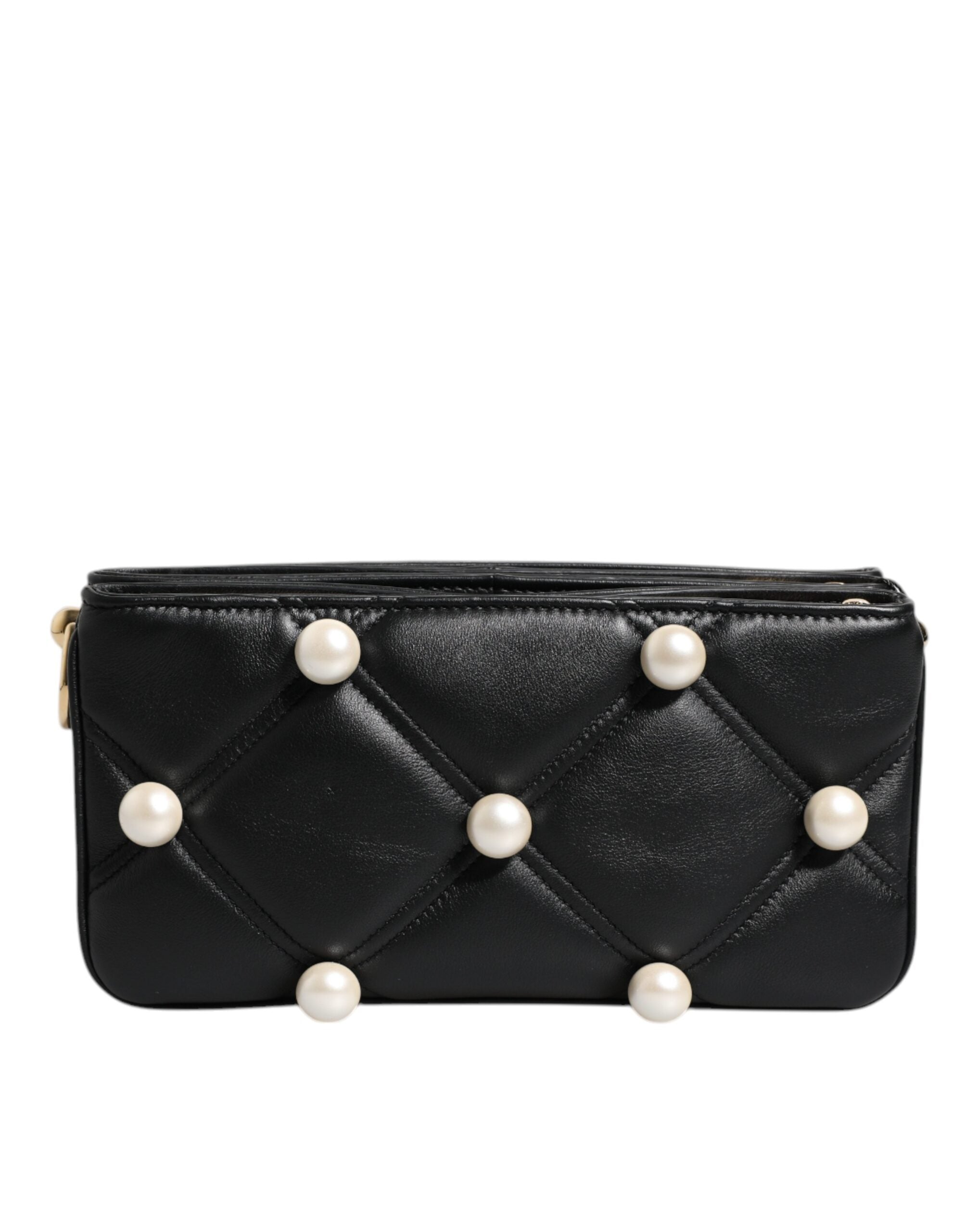 Dolce & Gabbana Leather Pearl Embellished Logo Shoulder Black Bag Glam Steals