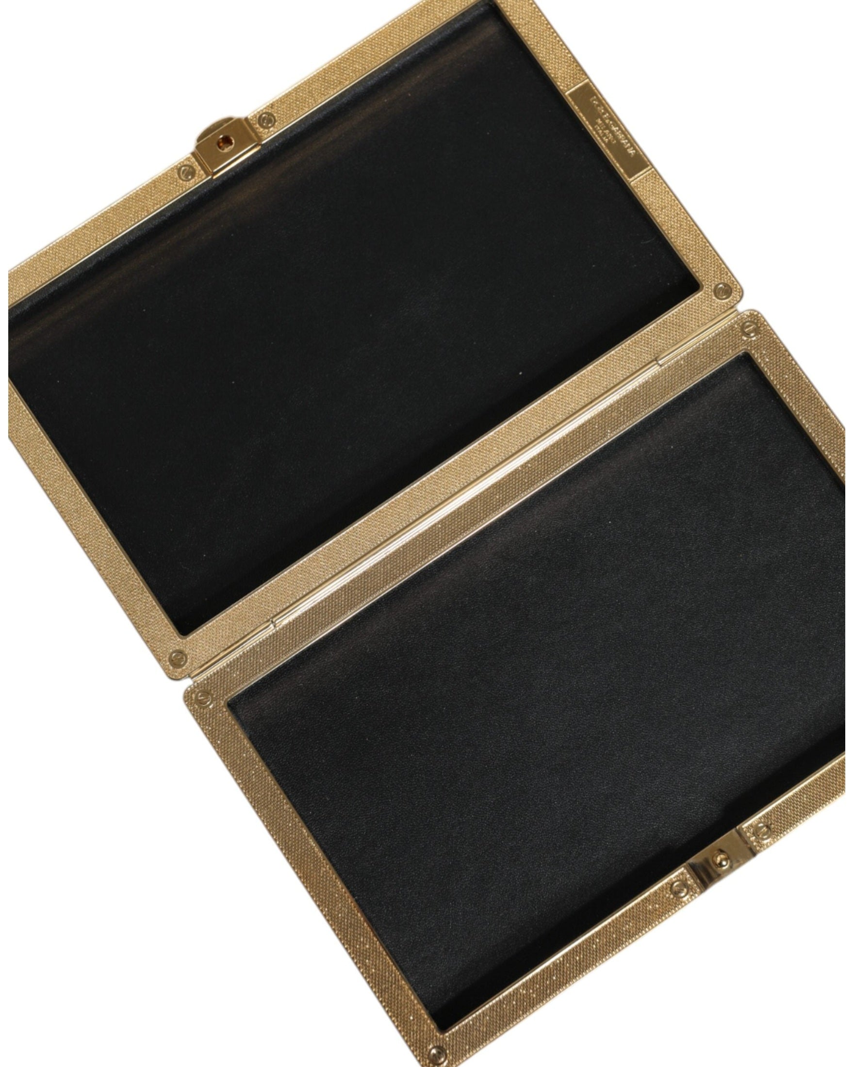 Dolce & Gabbana Leather Studs Frame Clutch Evening Purse Black Gold Bag Glam Steals